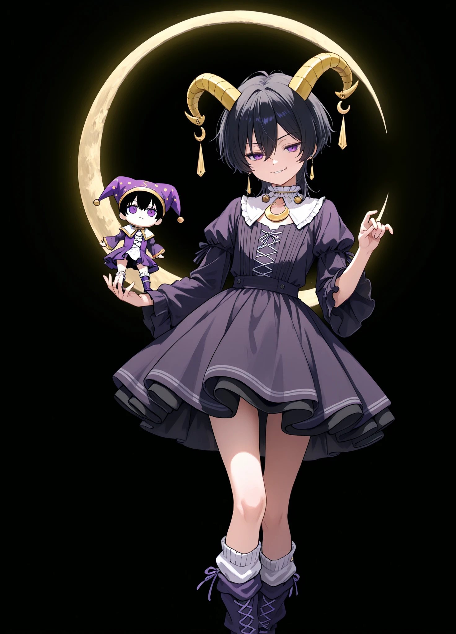 A young, androgynous figure with short, black hair, and piercing purple eyes, stands in a dynamic pose. Two small, yellow horns sprout from the top of the character's head, and the figure wears a mischievous smirk. The attire is a dark purple jester-style dress adorned with a white and yellow crescent moon emblem on the chest. A yellow, ruffled collar frames the neck, with small purple balls hanging from the hem of the dress. The figure clutches a stylized, golden crescent moon weapon. The legs are covered in white leg warmers and dark purple boots. The overall aesthetic is a blend of gothic and playful fantasy, with clean lines and bold colors dominating. The lighting is bright and clear, enhancing the saturated colors. The character's pose suggests action and perhaps a hint of cunning or playfulness. The figure is isolated against a stark black background, emphasizing the subject. The style evokes an anime or manga aesthetic, with digital painting techniques.