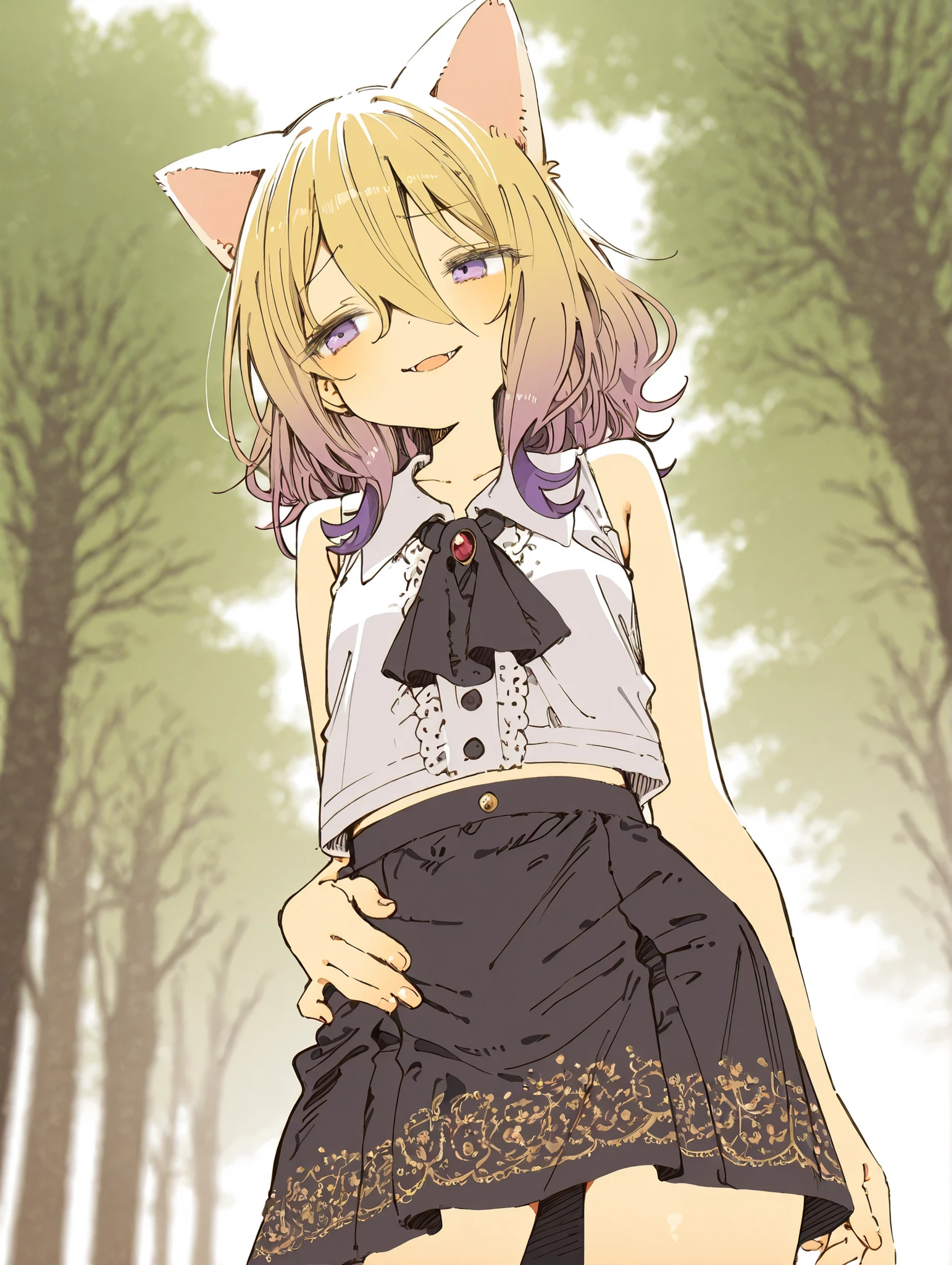 ((Abara Heiki style)), ((Masterpiece)), ((best quality, amazing quality)), ((very aesthetic, absurdres, newest)), ((detailed background, negative space, blurry background, depth of field, Asymmetrical background)), (dynamic angle, wide shot, from below), (cinematic lighting), ((1girl, solo)), cute young Girl, (Healthy Gaunt body, Textured skin, small , tilt head), open mouth, sharp fangs, (troll face, face with raised eyebrow, furrowed brow), (pale purple eyes, gradient eyes, averting eyes, looking at side), Beautiful collarbone, unruly hair, medium hair, ((beautiful blond hair, gradient hair, violet colors Hair Tip)), (hair between eyes, long bangs, long side bangs), (cute cheeks), glossy lips, pouty lips, (lower eyelashes), (fuzzy cat ears), BREAK, (Gold embroidery, Thick skirt, pure White mini skirt), (buttoned shirt, shirt overhang, collared shirt, blunt cut, cropped shirts, black ascot), arms, (stylish pose, hand on waist), contrapposto in the Ancient forest, under the big tree, deep forest, overgrown Sloping road, outdoor, Sunlight ray, Sunlight filtering through trees, dappled sunlight, ((Idyllic atmosphere)),