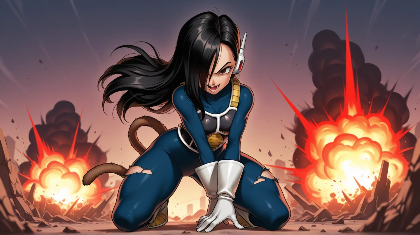 ((Fondo de pantalla CG unity 4k extremely detailed)),(Masterpiece),(Ultra quality),(ultra detailed),(best illustration),(best shadow),(extremely detailed),(absurdities),(detailed background), sexy butt, backwards, armor pegada, 1 girl, Alone, black fur, Open mouth, saiyan armor, black eyes, armor, short hair, wristband, SMILE, happy, medium senos, noticeable firm breasts,  shoulders, looking at the viewer, sexy body, tight butt
 