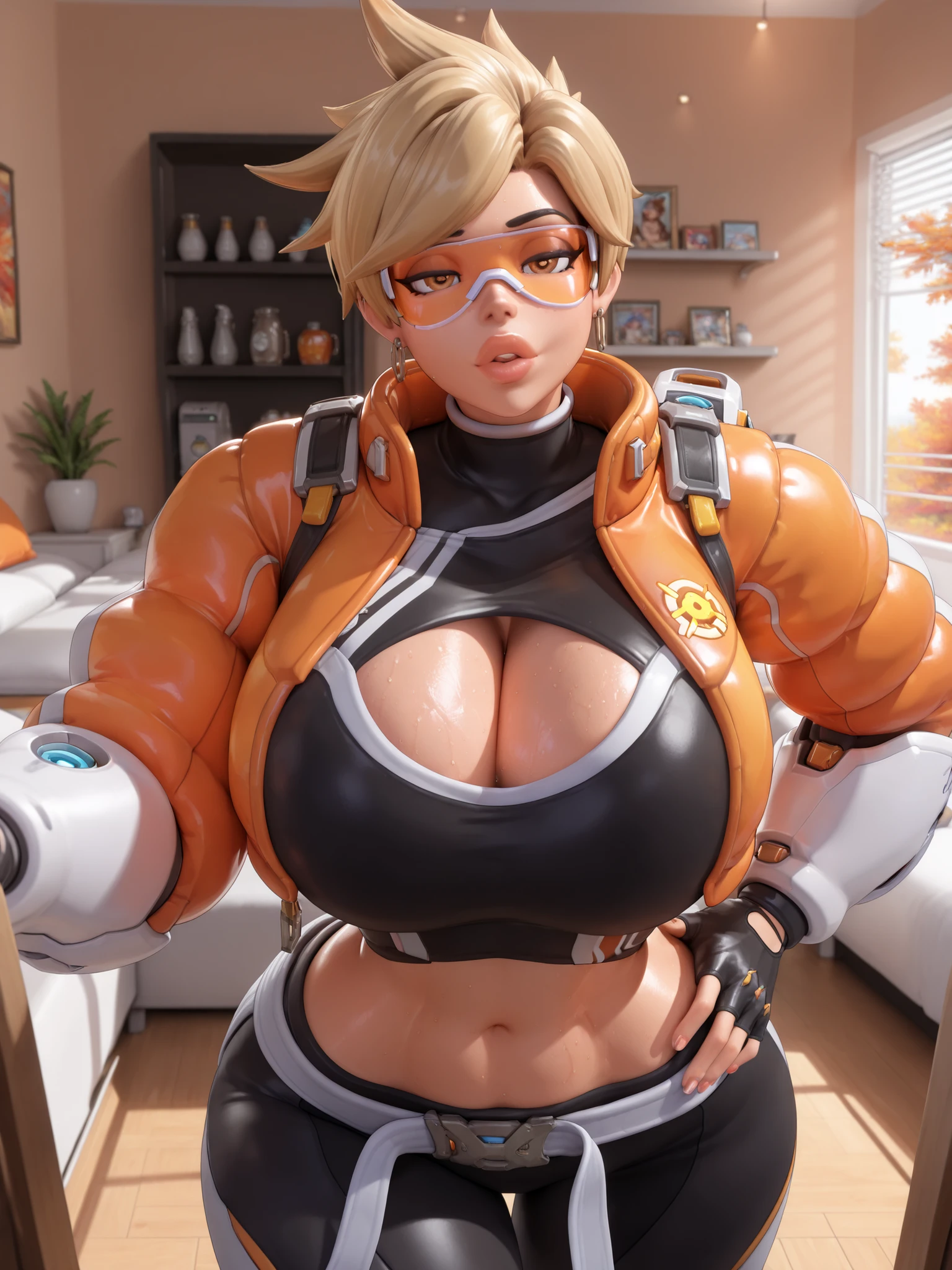 owtracer, le sserafim tracer, 1 girl, solo, blonde hair, spiky hair, orange glasses, earrings, crop top, cleavage cutout, puffy jacket, cropped jacket, leggings, 1girl, gigantic breasts, wide hips, gigantic thighs, narrow waist, belly, masterpiece, best quality, bedroom, indoors, autumn, cozy, warm lighting, 3D style, 3D, blender, ((massive lips)), bimbo lips, glossy lips, bimbo, lidded eyes, shallow focus, closeup, sweaty, bust shot, ((large eyes)), fingerless gloves, hand on hip