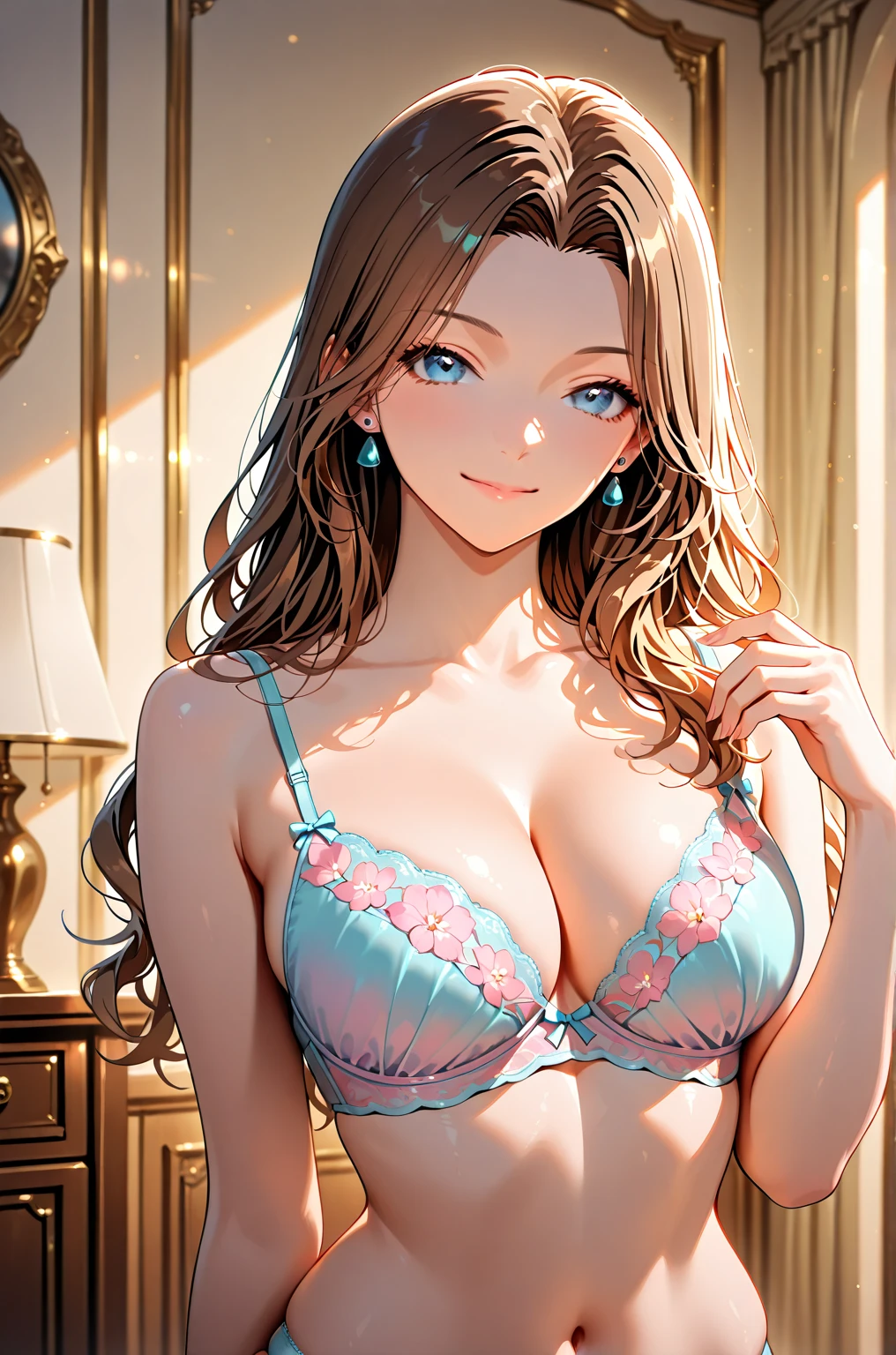 ((masterpiece, best quality, highres, UHD, perfect pixel, depth of field, 4k, RTX, HDR)), 1girl, single, solo, 24 years old, beautiful anime girl, beautiful artstyle, anime character, ((long hair, bangs, brown hair, curly hair)), (green eyes:1.4, rounded eyes, beautiful eyelashes, realistic eyes), (detailed face, blushing:1.2), (smooth texture:0.55, realistic texture:0.65, photorealistic:1.2, cinematic, anime CG style), , perfect body, busty, cleavage, (dynamic angle, POV, close up, selfie), ((summer clothes, tanktop, lingerie, bra, panties, )), (indoor, beside the window), ((summer, natural light, sunrise)), sly smile, leaning forward