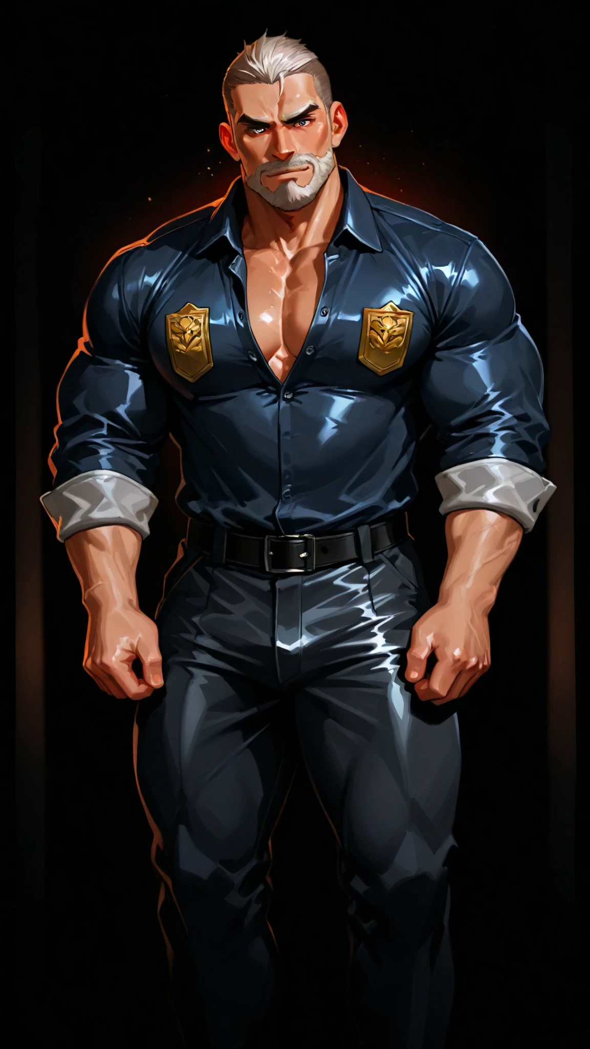 (handsome Man),(crew cut short hair:1.8),black eye,(Wear a fitted round neck t-shirt in navy with a police badge.:1.5),(fit neck),Navy blue jeans,(black_gloves:1.2), Korean guy,chest muscles,large arm muscles,blood vessel,Big muscles,Broad shoulders, (open mouth:1.2),(face up:1.2),(open eyes:1.5), middle of the road,smile, In front of the bread shop