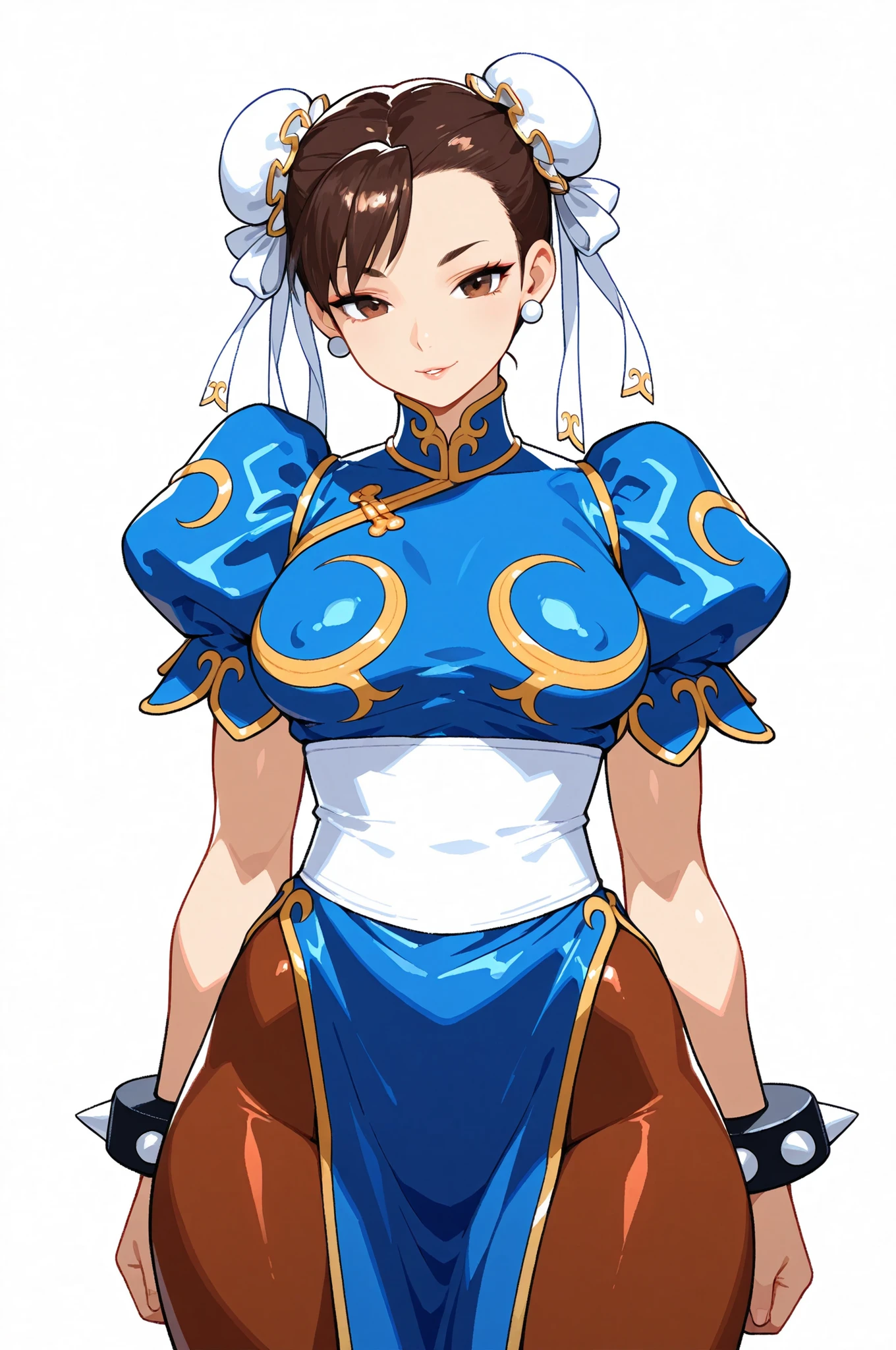  1girl, chun li, dress, seductive, WIDE HIPES, MEDIUM BREASTS(WHITE BACKGROUND) 