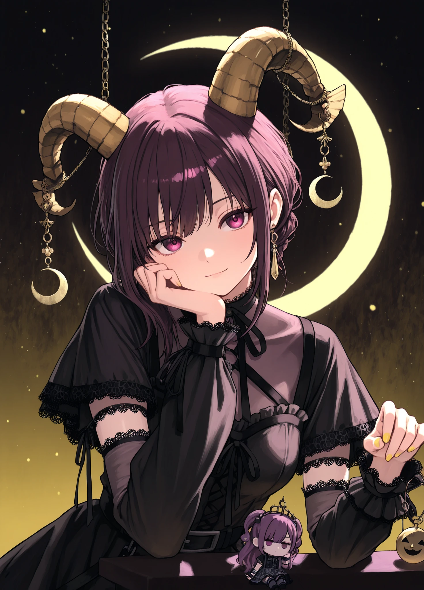 A youthful figure with short, dark hair and an air of mystique stands prominently against a dark backdrop, enhancing the mysterious ambiance. She sports an outfit styled in dramatic gothic fashion: a dress featuring shades of dark purple with striking yellow accents, including frilled cuffs and hem along with crescent moon motifs. Her expression is one of quiet confidence, accentuated by her captivating violet eyes. Resting casually in her hand is a crescent moon charm, hanging like a pendulous ornament. Atop her head rest two small, curved horns, adding to her otherworldly presence. 

Beside her, a small figure reminiscent of a gothic jester floats, echoing her color palette with its own miniature costume sporting purple and yellow. The background is a vast emptiness dotted subtly with distant stars, enhancing the otherworldliness and surreal quality of the scene. The overall atmosphere is one of enchantment and quiet power, with hints of playfulness and whimsy.