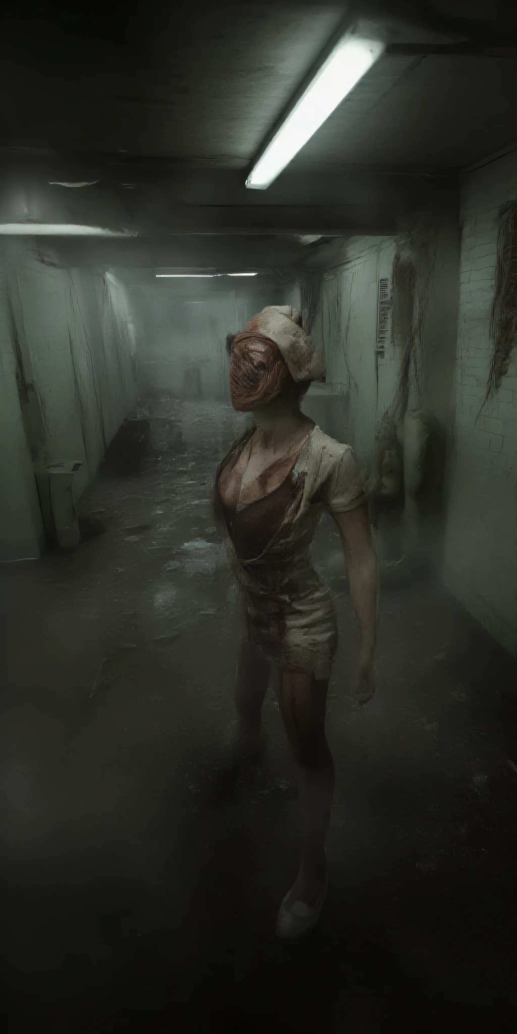 A Silent Hill nurse with a bandaged head and distorted face stands in a dimly lit hospital corridor. Blood-stained uniform with ripped fabric revealing grotesque flesh underneath. Holding a rusty scalpel dripping with dark liquid. Flickering fluorescent lights cast eerie shadows. Heavy fog creeping along the floor. Abandoned medical equipment scattered around. Walls peeling with decay. Photorealistic horror, extreme detail, unsettling atmosphere, cinematic lighting, 8K resolution, dark surrealism