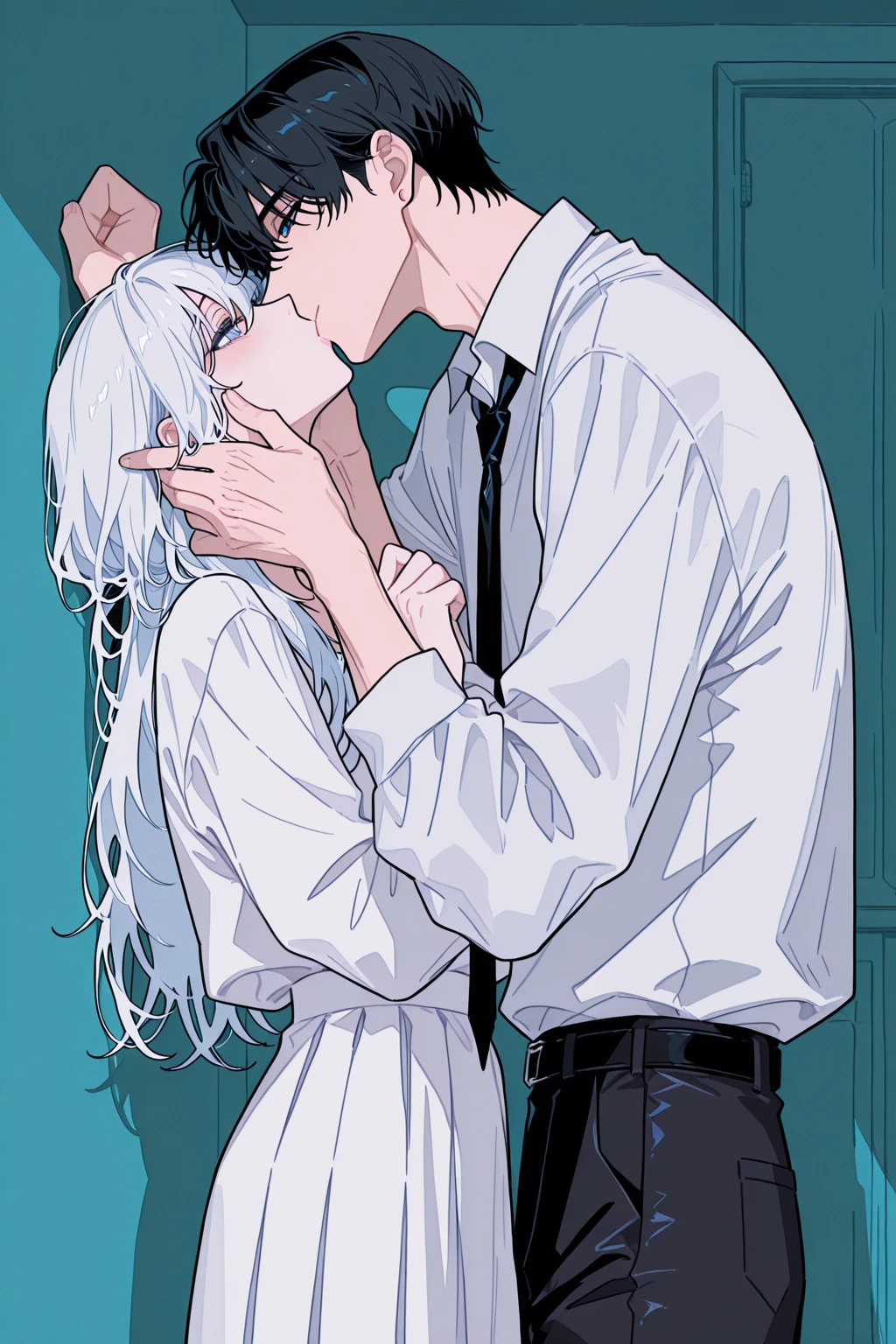 boy hugging a girl both have white hair 