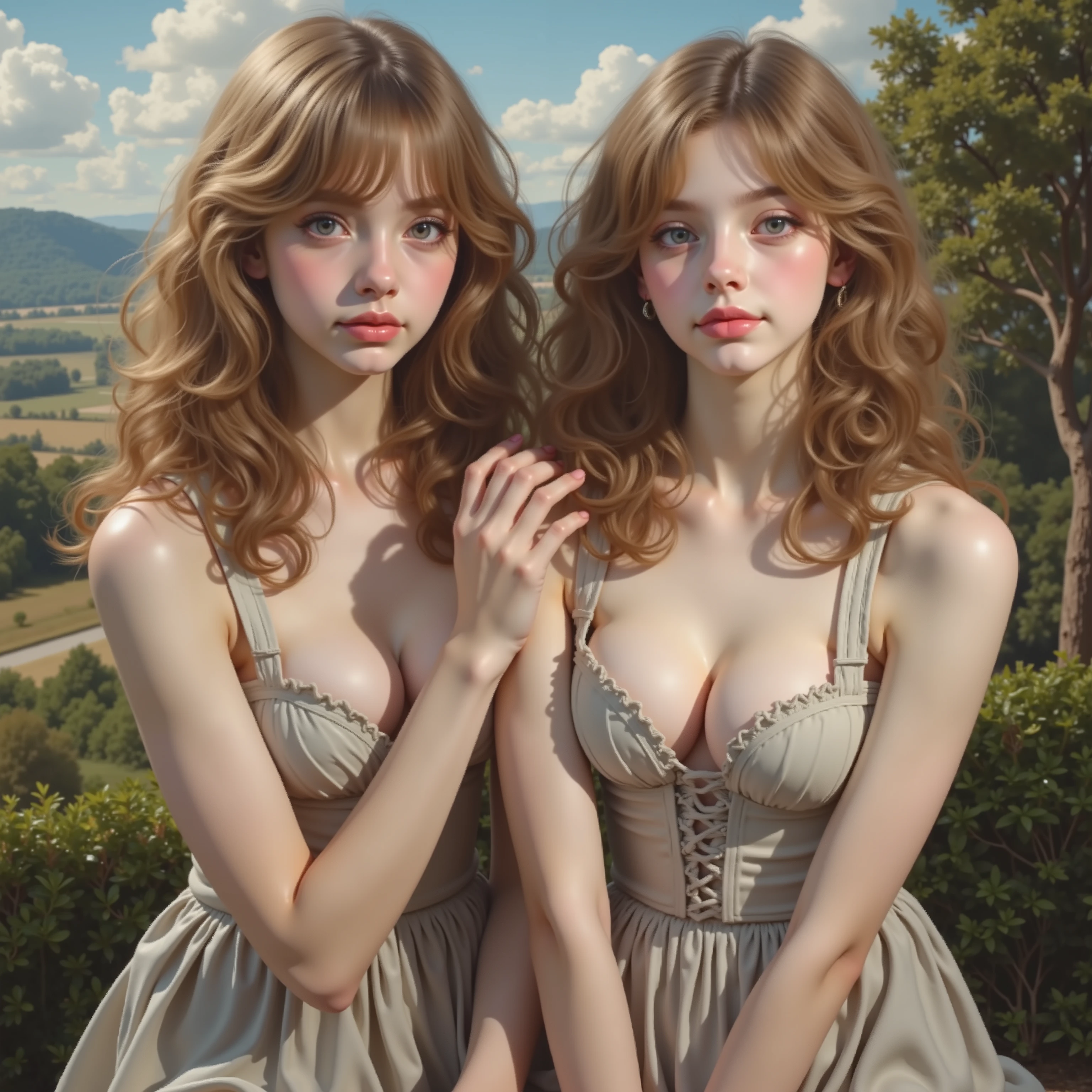 William Adolphe Bouguereau style, Extremely Detailed Barefoot Girly Teenagers with curly golden hair smiling gently, Clear white skin and big blue eyes, Panoramic, Leggy full body, Holding chests,
