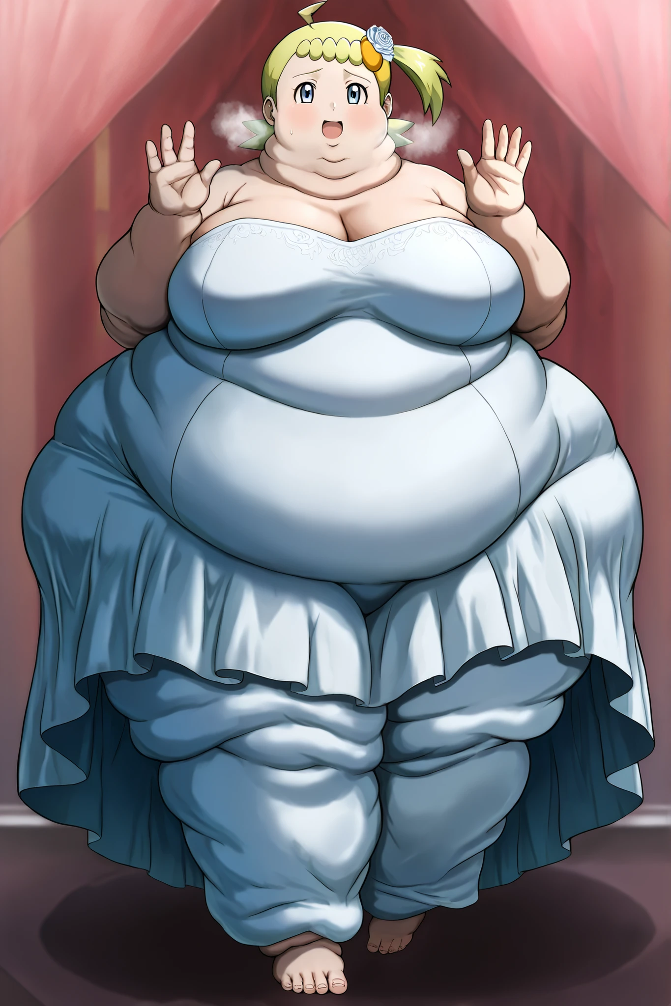 (masterpiece, ultra high definition, 16k, intricate), sharp focus, crisp details,
1girl, solo,
curvy, breasts, wide hips, zzBonnie, bonnie_(pokemon), blue eyes, ahoge, blonde hair, hair ornament, short hair, side ponytail, wedding dress, half smile, large breasts,
large breasts, fat, chubby, obese, fat neck, multiple chins, big breasts open mouth, out of breath, Larger female, full body shot, only head, large head, oversized limbs, large hands, large feet, oversized feet, oversized fingers, big lips, plump lips, fat face, fupa, big fupa, fat fupa, hunchback,