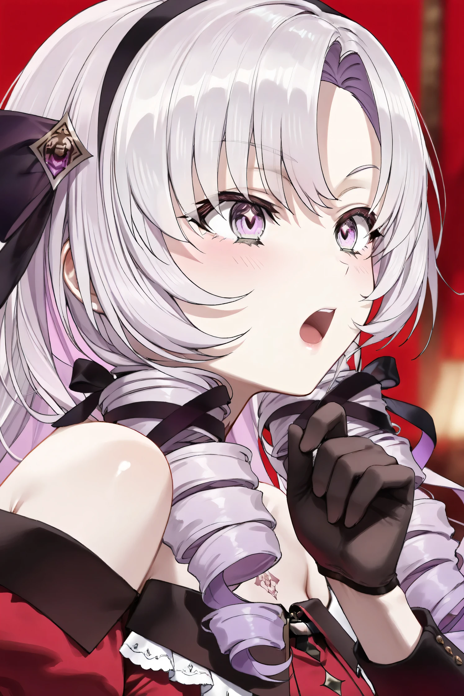 (Masterpiece), (Highest quality), (Very detailed),
(The best shape), (Best Shadow), (Absurd),
(Detailed background), (So beautiful), (Shiny),
(Extraordinary), (Countershading), (8k), (32K),
(High resolution), (Very Detailed CG), (UHD),
(Score_9), (Score_8_up), (Score_7_up),
(Source_anime), (Pastel painting:1.2),
(Watercolor painting:1.2),(Masterpiece, Detailed:1.2), (Foreshortening:1.2),
(Cinematic), (Dramatic), (Depth of field:1.4),
(Blurry background:1.4), (Realistic background:1.4),
(Dynamic angle), (1 girl),
(rose red background),
(nijisanji), (virtual youtuber),
(Hyakumantenbara Sarome),
nijisalome, , purple eyes, light purple hair,
symbol-shaped pupils, neck tattoo, tattoo,
long hair, parted bangs, black hairband, hair ribbon,
nijisalomecos, red dress, strapless dress,
argyle pattern dress, long sleeves, juliet sleeves,
off shoulder, shoulders, black gloves,
(portrait), (from side),
(Blush:1.3), (Serious expression),
(shout), (open mouth), (arm extended forward),
(Realistic skin), (Shiny skin),