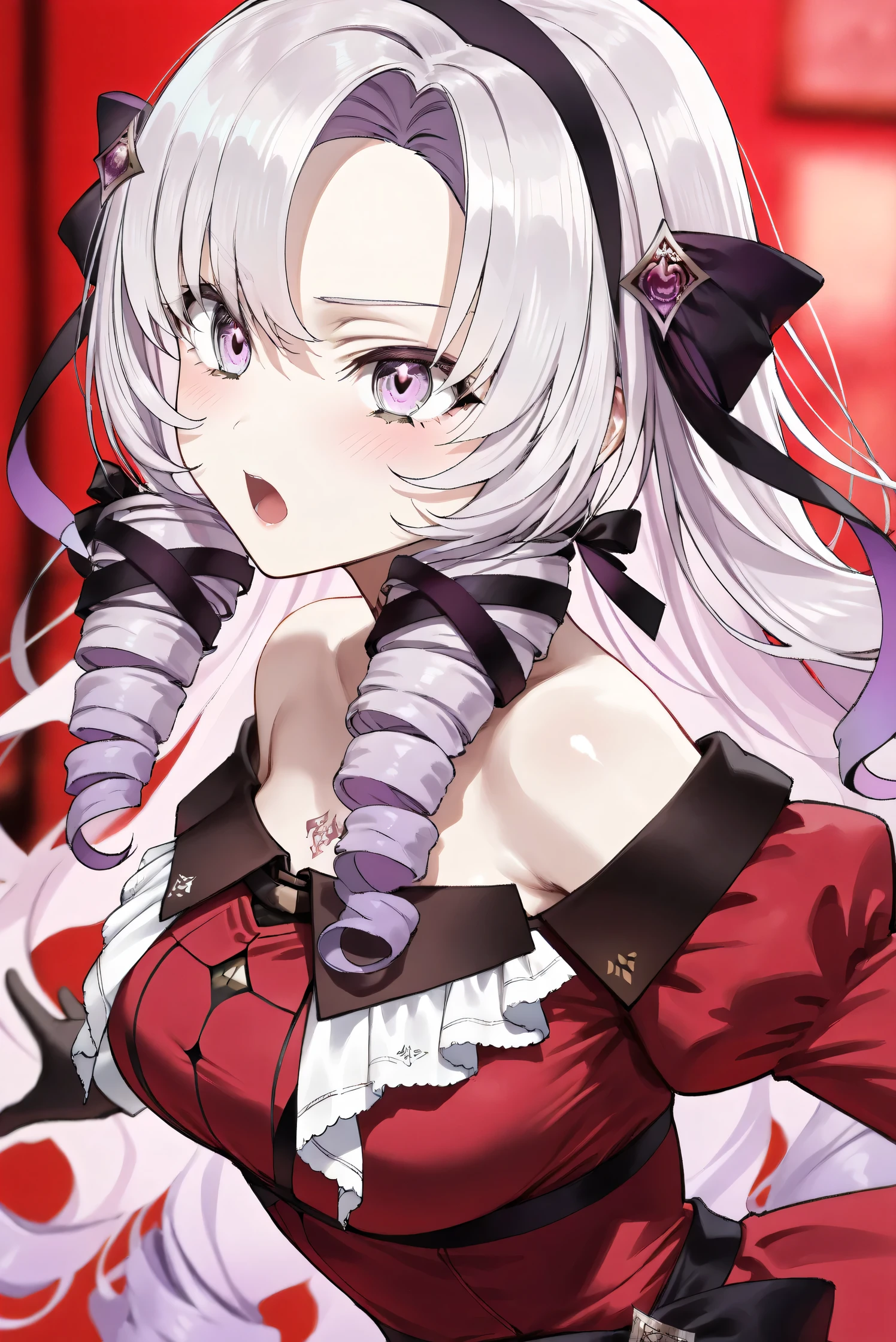 (Masterpiece), (Highest quality), (Very detailed), 
(The best shape), (Best Shadow), (Absurd), 
(Detailed background), (So beautiful), (Shiny), 
(Extraordinary), (Countershading), (8k), (32K), 
(High resolution), (Very Detailed CG), (UHD),

(Score_9), (Score_8_up), (Score_7_up), 
(Source_anime), (Pastel painting:1.2), 
(Watercolor painting:1.2),(Masterpiece, Detailed:1.2), (Foreshortening:1.2),

(Cinematic), (Dramatic), (Depth of field:1.4),
(Blurry background:1.4), (Realistic background:1.4),
(Dynamic angle), (1 girl),

(rose red background), 

(nijisanji), (virtual youtuber), 
(Hyakumantenbara Sarome), 

nijisalome, , purple eyes, light purple hair, 
symbol-shaped pupils, neck tattoo,  tattoo, 
long hair, parted bangs, black hairband, hair ribbon, 

nijisalomecos, red dress, strapless dress, 
argyle pattern dress, long sleeves, juliet sleeves, 
off shoulder,  shoulders, black gloves, 

(portrait), (from side), 
(Blush:1.3), (Serious expression), 
(shout), (open mouth), (arm extended forward), 
(Realistic skin), (Shiny skin),