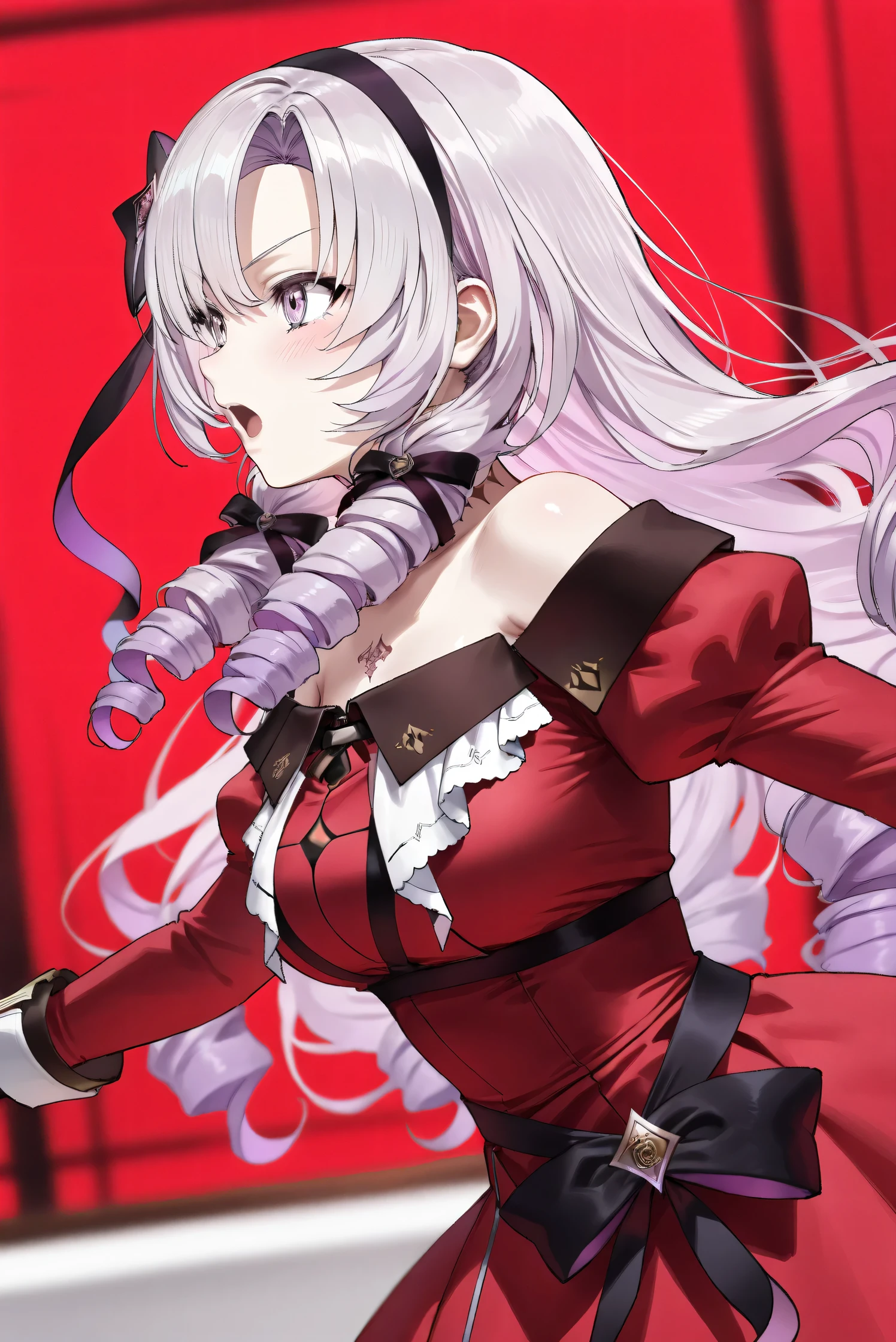 (Masterpiece), (Highest quality), (Very detailed), 
(The best shape), (Best Shadow), (Absurd), 
(Detailed background), (So beautiful), (Shiny), 
(Extraordinary), (Countershading), (8k), (32K), 
(High resolution), (Very Detailed CG), (UHD),

(Score_9), (Score_8_up), (Score_7_up), 
(Source_anime), (Pastel painting:1.2), 
(Watercolor painting:1.2),(Masterpiece, Detailed:1.2), (Foreshortening:1.2),

(Cinematic), (Dramatic), (Depth of field:1.4),
(Blurry background:1.4), (Realistic background:1.4),
(Dynamic angle), (1 girl),

(rose red background), 

(nijisanji), (virtual youtuber), 
(Hyakumantenbara Sarome), 

nijisalome, , purple eyes, light purple hair, 
symbol-shaped pupils, neck tattoo,  tattoo, 
long hair, parted bangs, black hairband, hair ribbon, 

nijisalomecos, red dress, strapless dress, 
argyle pattern dress, long sleeves, juliet sleeves, 
off shoulder,  shoulders, black gloves, 

(portrait), (from side), 
(Blush:1.3), (Serious expression), 
(shout), (open mouth), (arm extended forward), 
(Realistic skin), (Shiny skin),