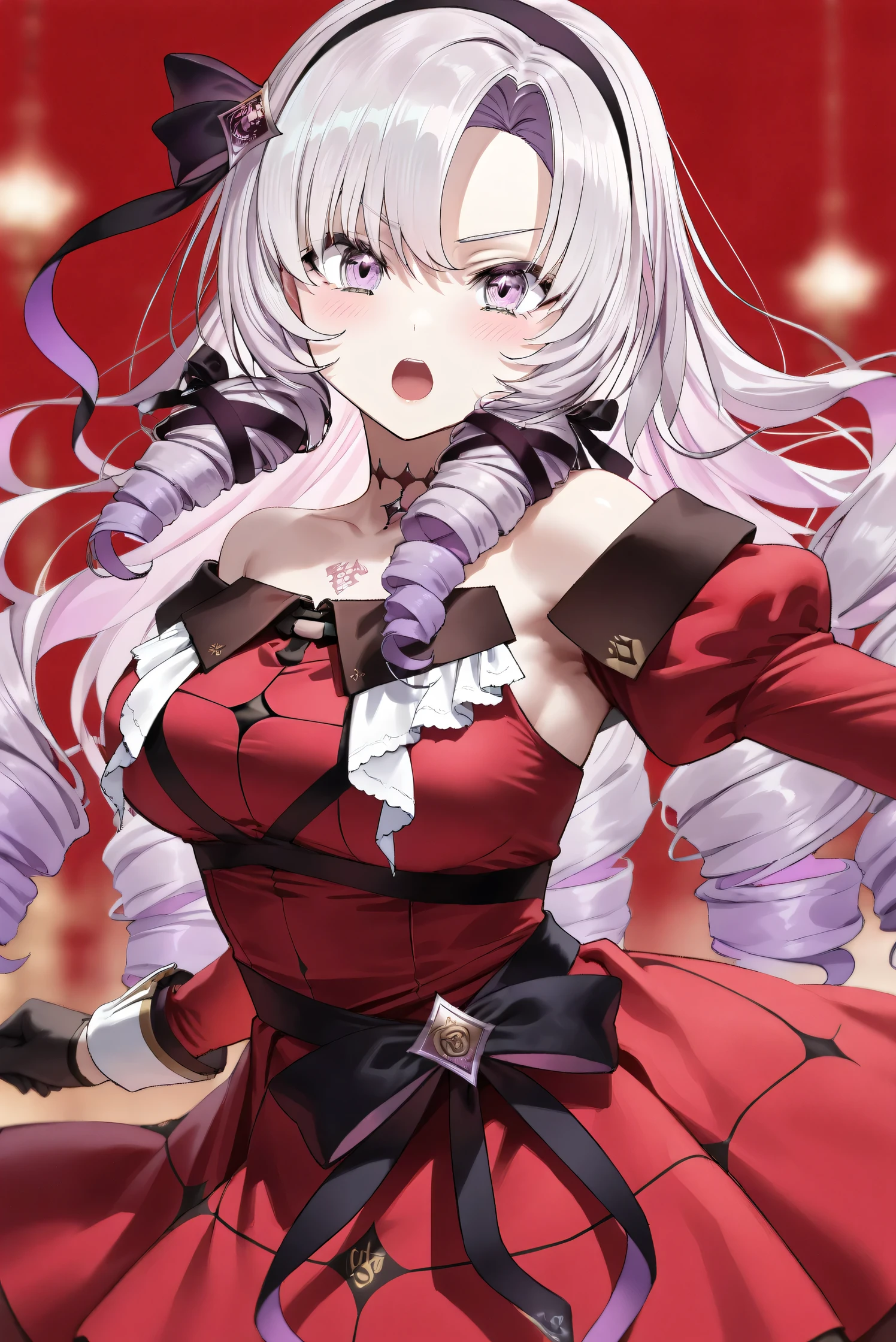 (Masterpiece), (Highest quality), (Very detailed), 
(The best shape), (Best Shadow), (Absurd), 
(Detailed background), (So beautiful), (Shiny), 
(Extraordinary), (Countershading), (8k), (32K), 
(High resolution), (Very Detailed CG), (UHD),

(Score_9), (Score_8_up), (Score_7_up), 
(Source_anime), (Pastel painting:1.2), 
(Watercolor painting:1.2),(Masterpiece, Detailed:1.2), (Foreshortening:1.2),

(Cinematic), (Dramatic), (Depth of field:1.4),
(Blurry background:1.4), (Realistic background:1.4),
(Dynamic angle), (1 girl),

(rose red background), 

(nijisanji), (virtual youtuber), 
(Hyakumantenbara Sarome), 

nijisalome, , purple eyes, light purple hair, 
symbol-shaped pupils, neck tattoo,  tattoo, 
long hair, parted bangs, black hairband, hair ribbon, 

nijisalomecos, red dress, strapless dress, 
argyle pattern dress, long sleeves, juliet sleeves, 
off shoulder,  shoulders, black gloves, 

(portrait), (from side:0.7), 
(Blush:1.3), (Serious expression), 
(shout), (open mouth), (arm extended forward), 
(Realistic skin), (Shiny skin),