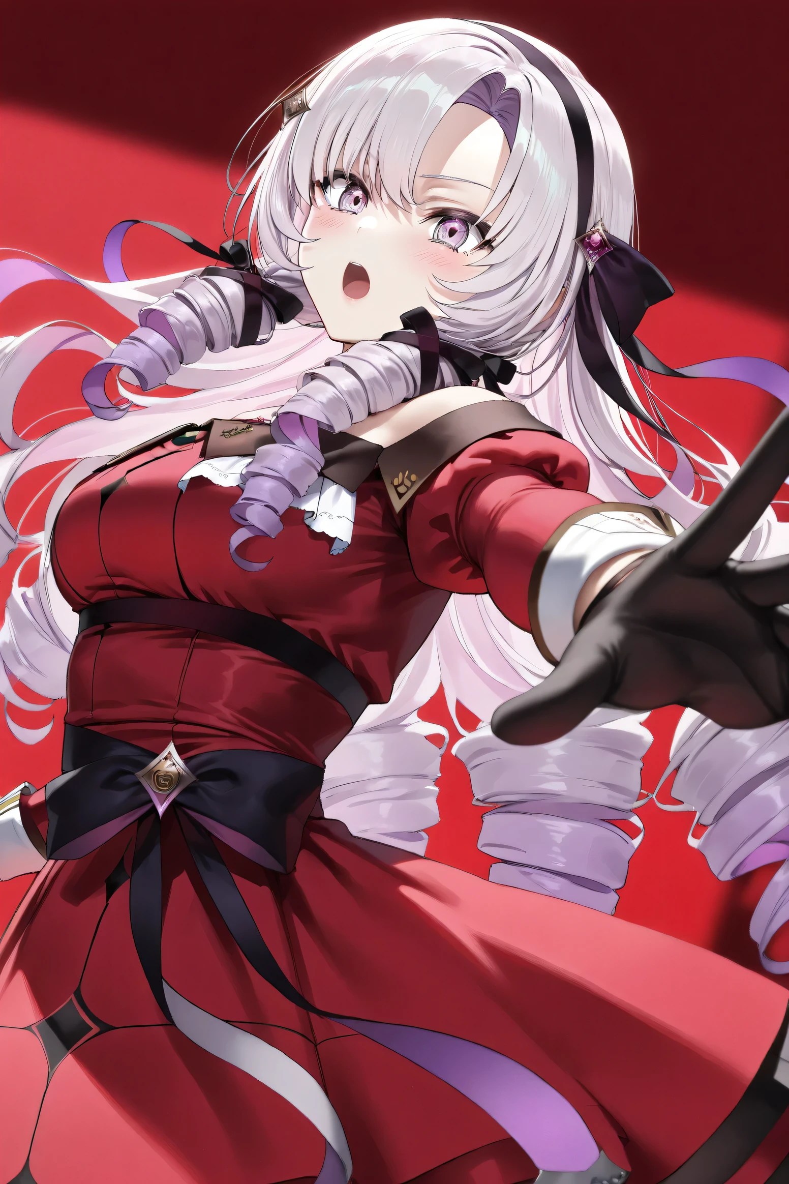 (Masterpiece), (Highest quality), (Very detailed), 
(The best shape), (Best Shadow), (Absurd), 
(Detailed background), (So beautiful), (Shiny), 
(Extraordinary), (Countershading), (8k), (32K), 
(High resolution), (Very Detailed CG), (UHD),

(Score_9), (Score_8_up), (Score_7_up), 
(Source_anime), (Pastel painting:1.2), 
(Watercolor painting:1.2),(Masterpiece, Detailed:1.2), (Foreshortening:1.2),

(Cinematic), (Dramatic), (Depth of field:1.4),
(Blurry background:1.4), (Realistic background:1.4),
(Dynamic angle), (1 girl),

(rose red background), 

(nijisanji), (virtual youtuber), 
(Hyakumantenbara Sarome), 

nijisalome, , purple eyes, light purple hair, 
symbol-shaped pupils, neck tattoo,  tattoo, 
long hair, parted bangs, black hairband, hair ribbon, 

nijisalomecos, red dress, strapless dress, 
argyle pattern dress, long sleeves, juliet sleeves, 
off shoulder,  shoulders, black gloves, 

(portrait), (from side:0.7), 
(Blush:1.3), (Serious expression), 
(shout), (open mouth), (arm extended forward), 
(Realistic skin), (Shiny skin),