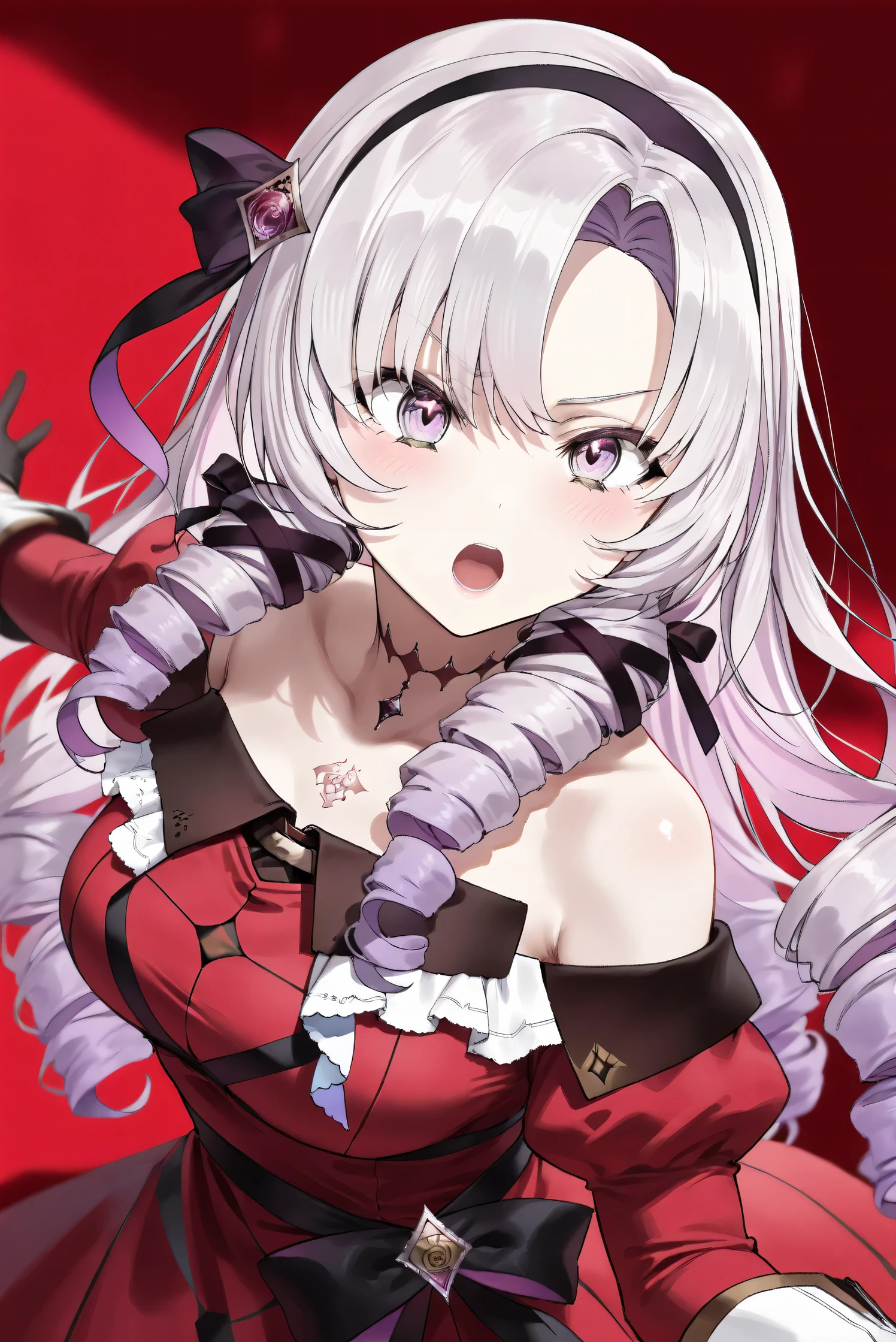 (Masterpiece), (Highest quality), (Very detailed), 
(The best shape), (Best Shadow), (Absurd), 
(Detailed background), (So beautiful), (Shiny), 
(Extraordinary), (Countershading), (8k), (32K), 
(High resolution), (Very Detailed CG), (UHD),

(Score_9), (Score_8_up), (Score_7_up), 
(Source_anime), (Pastel painting:1.2), 
(Watercolor painting:1.2),(Masterpiece, Detailed:1.2), (Foreshortening:1.2),

(Cinematic), (Dramatic), (Depth of field:1.4),
(Blurry background:1.4), (Realistic background:1.4),
(Dynamic angle), (1 girl),

(rose red background), 

(nijisanji), (virtual youtuber), 
(Hyakumantenbara Sarome), 

nijisalome, , purple eyes, light purple hair, 
symbol-shaped pupils, neck tattoo,  tattoo, 
long hair, parted bangs, black hairband, hair ribbon, 

nijisalomecos, red dress, strapless dress, 
argyle pattern dress, long sleeves, juliet sleeves, 
off shoulder,  shoulders, black gloves, 

(portrait), (from side:0.7), 
(Blush:1.3), (Serious expression), 
(shout), (open mouth), (arm extended forward), 
(Realistic skin), (Shiny skin),