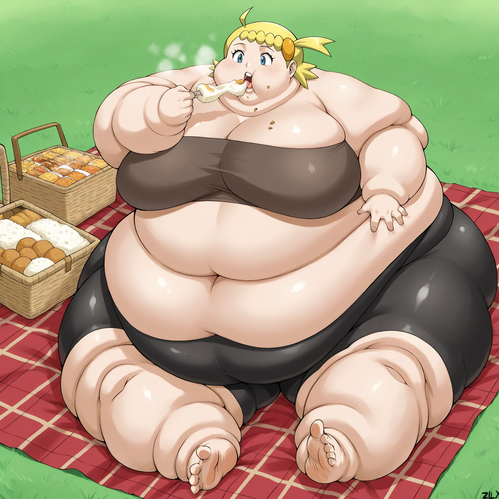 zzBonnie, bonnie_(pokemon), blue eyes, ahoge, blonde hair, hair ornament, short hair, side ponytail,
tube top, bike shorts, fat, chubby, obese, fat neck, multiple chins, big breasts open mouth, out of breath, Larger female, full body shot, only head, large head, oversized limbs, large hands, large feet, oversized feet, oversized fingers, big lips, plump lips, fat face, fupa, big fupa, fat fupa, sitting on picnic blanket, picnic, picnic basket , sitting down, in front of tones of food, eating food, food in mouth, force fed, force feeding, (lora:force-feeding-ponyxl-lora-nochekaiser:1>, force-feeding, feeding, forced, full mouth, food, eating), rush of food, reclining back on chair, Extremely obese puffy puffy fat Body Length