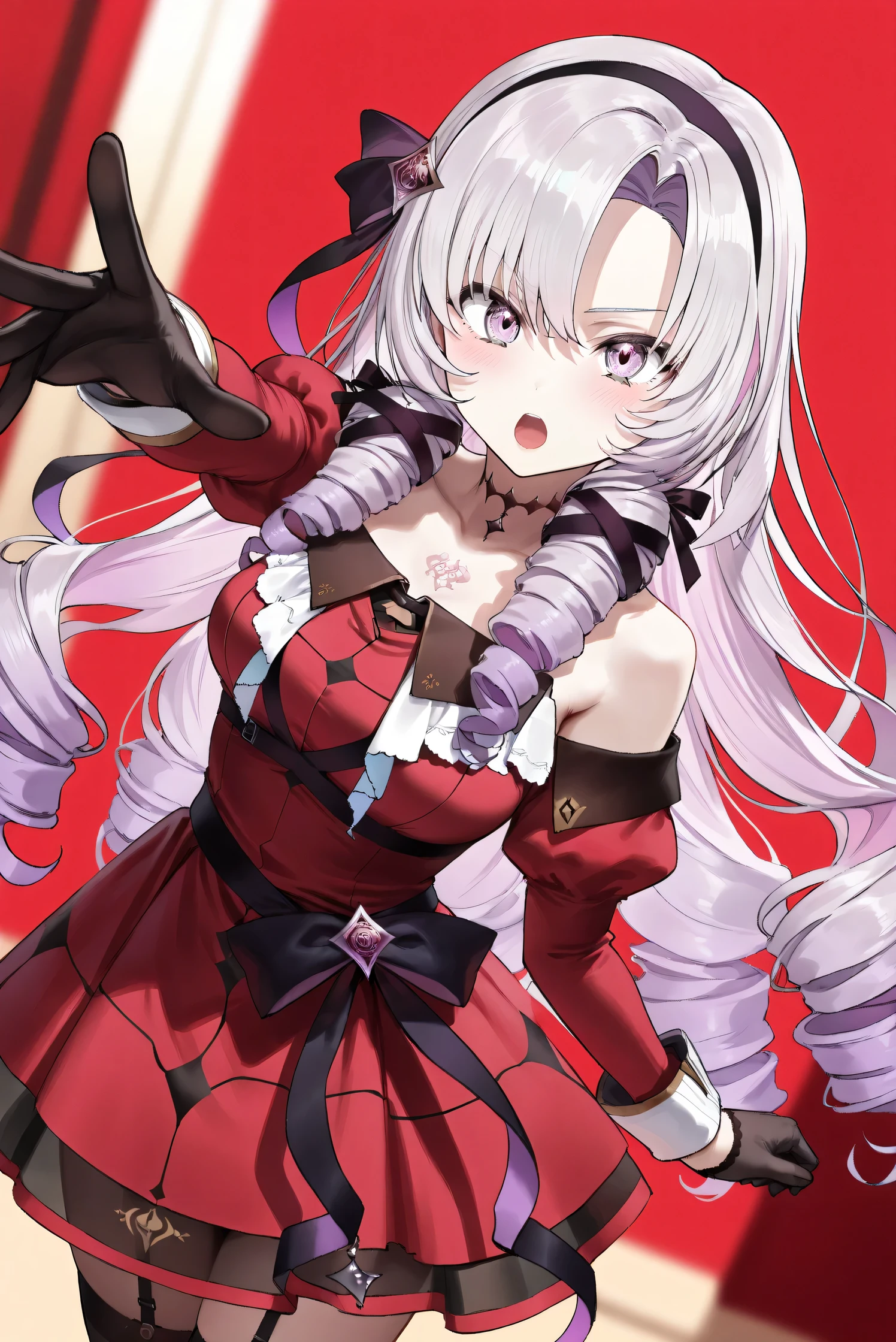 (Masterpiece), (Highest quality), (Very detailed), 
(The best shape), (Best Shadow), (Absurd), 
(Detailed background), (So beautiful), (Shiny), 
(Extraordinary), (Countershading), (8k), (32K), 
(High resolution), (Very Detailed CG), (UHD),

(Score_9), (Score_8_up), (Score_7_up), 
(Source_anime), (Pastel painting:1.2), 
(Watercolor painting:1.2),(Masterpiece, Detailed:1.2), (Foreshortening:1.2),

(Cinematic), (Dramatic), (Depth of field:1.4),
(Blurry background:1.4), (Realistic background:1.4),
(Dynamic angle), (1 girl),

(rose red background), 

(nijisanji), (virtual youtuber), 
(Hyakumantenbara Sarome), 

nijisalome, , purple eyes, light purple hair, 
symbol-shaped pupils, neck tattoo,  tattoo, 
long hair, parted bangs, black hairband, hair ribbon, 

nijisalomecos, red dress, strapless dress, 
argyle pattern dress, long sleeves, juliet sleeves, 
off shoulder,  shoulders, black gloves, 
cloth belt, ribbon belt, see-through skirt, garter straps, 
black thighhighs, argyle pattern thighhighs, 

(cowboy shot), (from side:0.7), 
(Blush:1.3), (Serious expression), 
(shout), (open mouth), (arm extended forward), 
(Realistic skin), (Shiny skin),