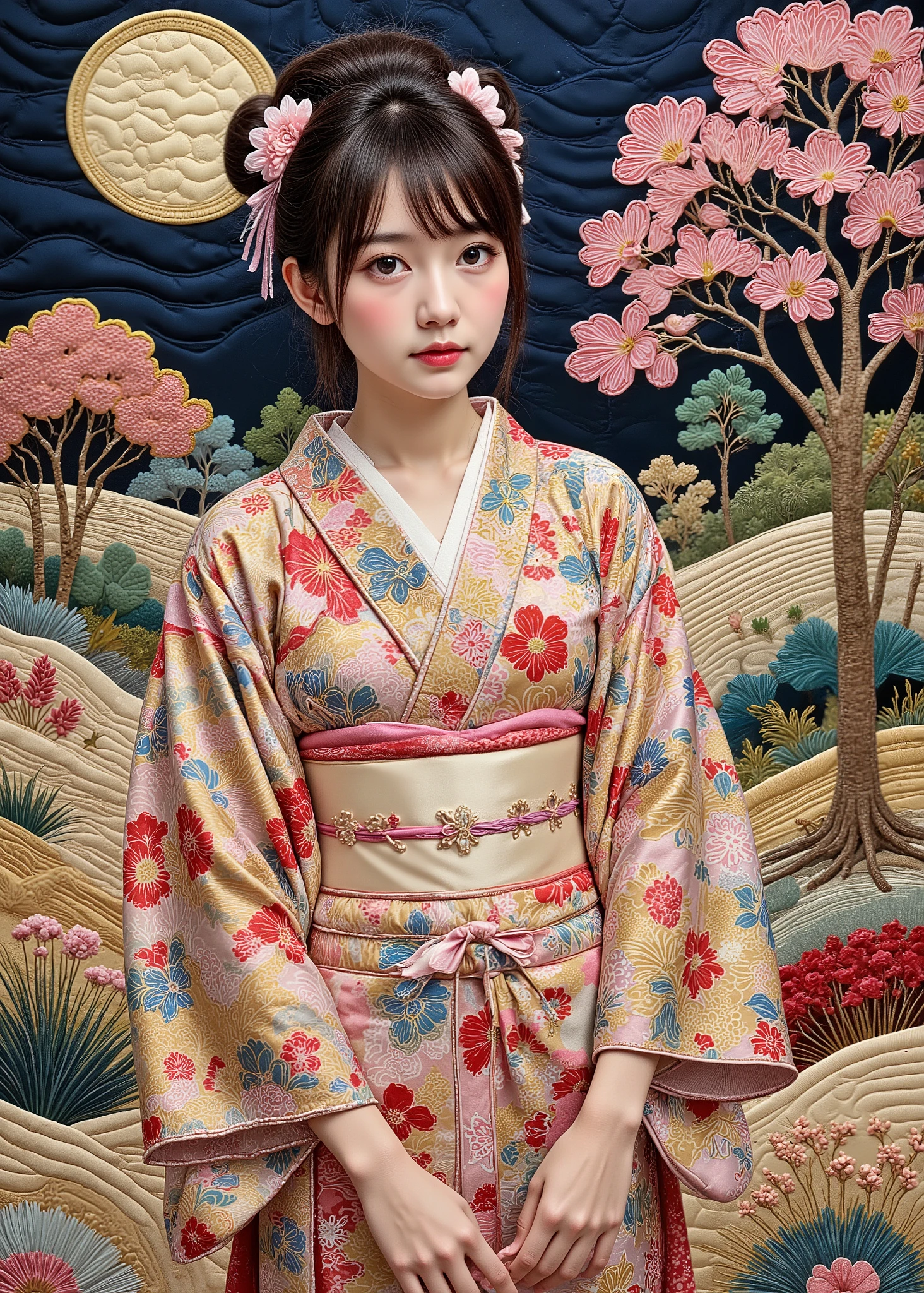 ((最high quality、masterpiece、high sensitivity、High fines、Detailed explanation、Detailed drawing 、Fvalue:4.0)),patchwork quilt world, handmade style,(( Kimono、Kimono美人、Japanese woman、16 years old、Cowboy Shots)),(up hair、Hairpin、Beautiful girl wearing Japanese furunose Kimono)、advanced digital art、Japanese garden on a moonlit night、Dry landscape sand pattern、torchlight、Clear and sharp photos 、high quality、32K