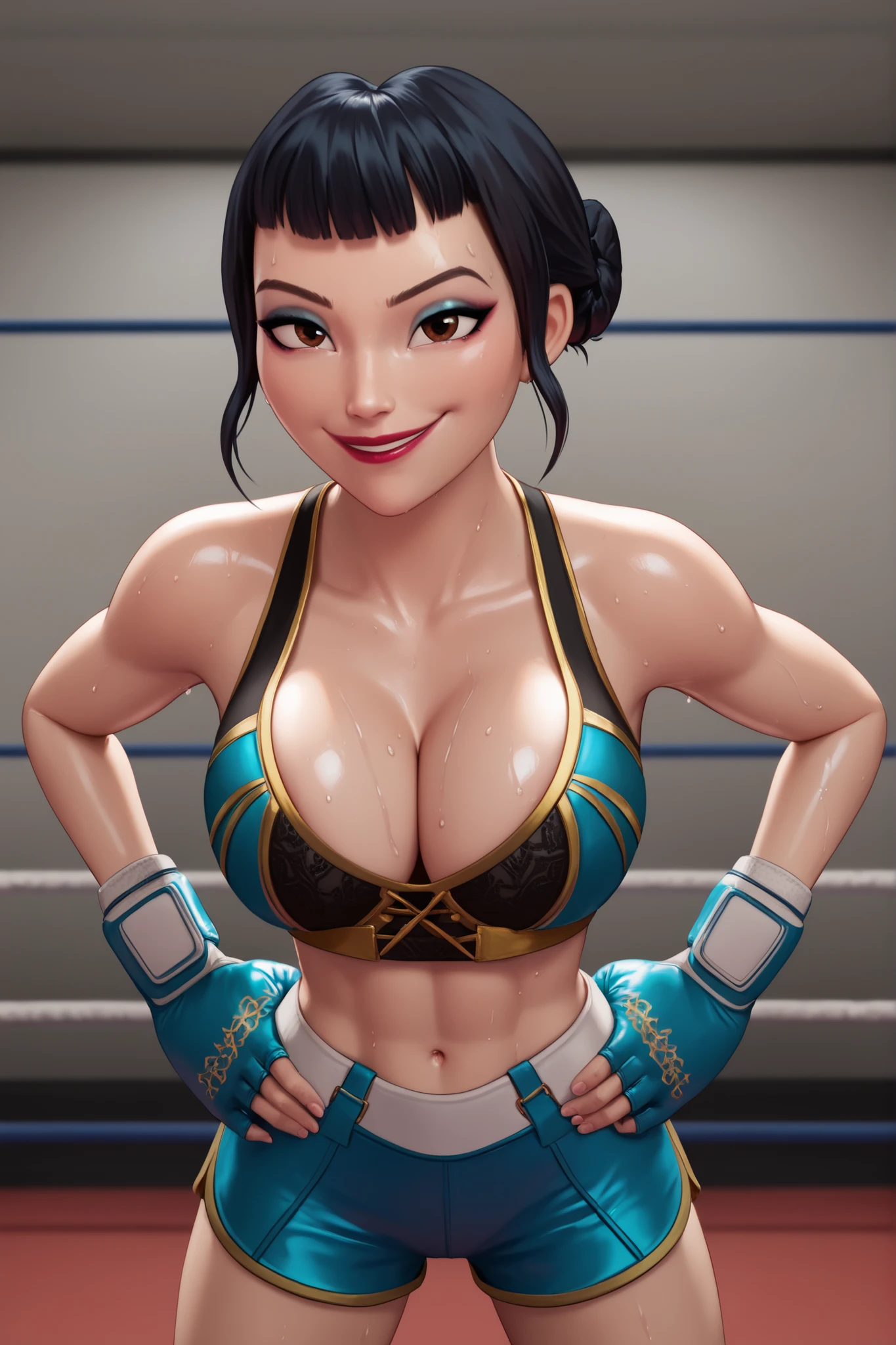 BREAK, score_6_up, score_7_up, score_8_up, score_9, 1girl, solo, kpdh_z0ey, black hair, short hair, hair bun, brown eyes, blunt bangs, lipstick, makeup, official KPop Demon Hunters aesthetic, , busty, cleavage, curvy, athletic, looking at viewer, seducing viewer, teasing viewer, confident expression, smiling, closed mouth, bedroom eyes, black sports bra with gold trim, white boxing shorts with gold trim, white boxing gloves, midriff, indoors, boxing ring, standing, hands on waist, closeup, portrait, upper body, high-angle view, blue eyeshadow, black mascara, sweaty, sweat drops, wet skin, shiny skin