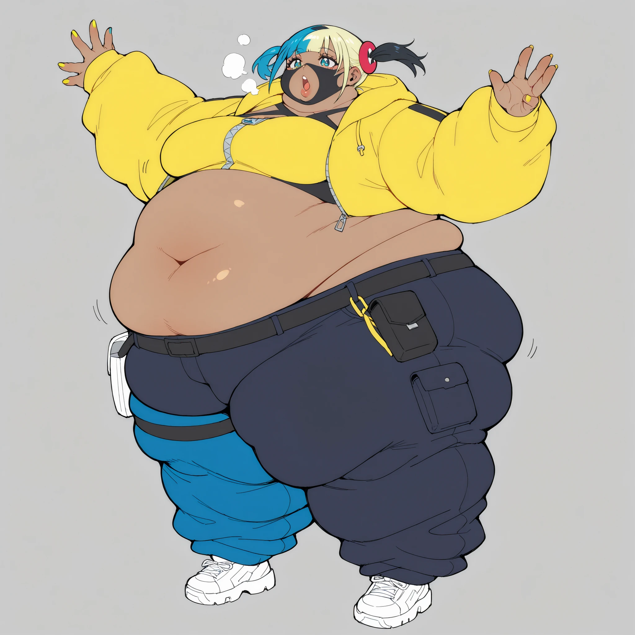 <lora:CanariZAILXLV1.0v01:1>, CanariZAILXLV1.0v01,
short hair, twintails, short twintails, blunt bangs, blue hair, blonde hair, black hair, multicolored hair, two-tone hair, eyelashes, blue eyes, nail polish, yellow nails, blue nails, fingernails, medium breasts, navel, dark skin,　dark-skinned female, jacket, cropped jacket, yellow jacket, hood, hoodie, cropped hoodie, yellow hoodie, hooded jacket, long sleeves, crop top, zipper pull tab, zipper, belt, black belt, buckle, pants, black pants, blue pants, shoes, sneakers, white footwear, covered mouth, open clothes, open jacket, hood down, midriff, hair ornament, mask, mouth mask, black mask, pouch, fat, chubby, obese, fat neck, multiple chins, big breasts open mouth, out of breath, Larger female, full body shot, only head, large head, oversized limbs, large hands, large feet, oversized feet, oversized fingers, big lips, plump lips, fat face, fupa, big fupa, fat fupa, Extremely obese　puffy puffy fat　Body Length