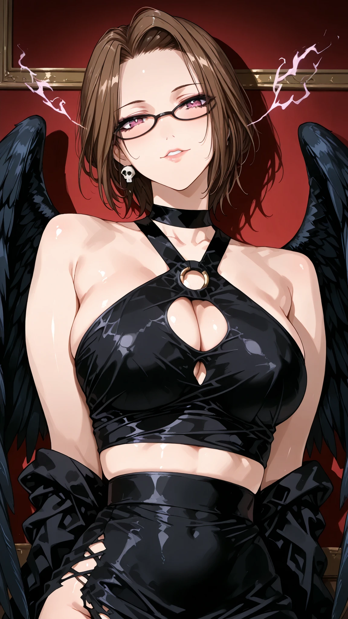 solo, tomoe (accelerando), purple eyes, brown hair, short hair, glasses, mature woman, Tight waist、Small waist、shiny Skin , (upper body), sexy, (adult woman, 25+), score_9, score_8_up, score_7_up, source_anime,(extremely detailed CG), (best quality), dark sorceress costume, black torn dress, skull accessories, dark feathered wings, cursed jewelry, gothic makeup, shadow magic effects on clothing, mysteriously glowing crimson eyes, extremely large breasts,