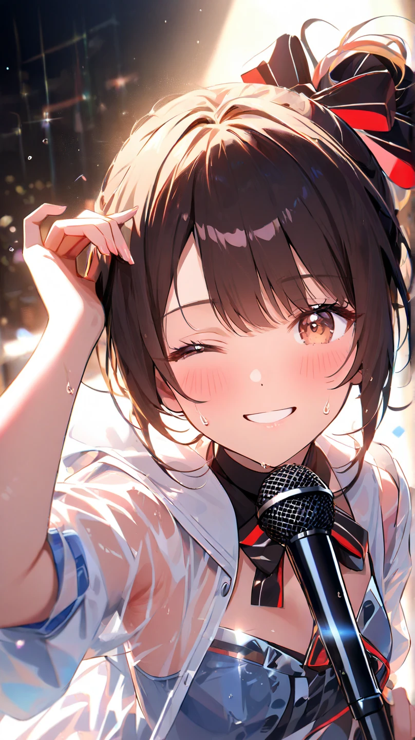 (best quality)), ((masterpiece)), (detailed),1 girl。suzumiya Haruhi Cosplay。black girl。guitar。 STAND MICROPHONE。 songs。stage。close-up of the face。lips。black fishnet tights。