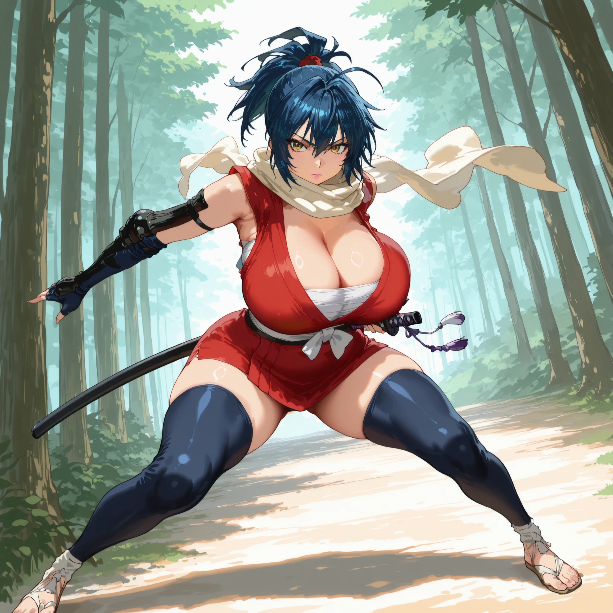 masterpiece, ultra-HD, impressionism, high detail, best quality, very aesthetic, 8K, best quality, beautiful, ultra-high resolution, 32K UHD, sharp focus, 1girl, solo, Manyuu Chifusa, long blue hair, ponytail, yellow eyes, eyelashes, pink lips, , narrow waist, wide , thick thighs, shapely legs, slim, red kimono, sleeveless, cleavage,  bandages, shinobi sandals, white ribbon obi, black thigh high socks, white scarf, black fingerless gloves, blushed, serious, cute, holding a katana, dynamic pose, standing, full body, looking at the viewer, forest background, front view