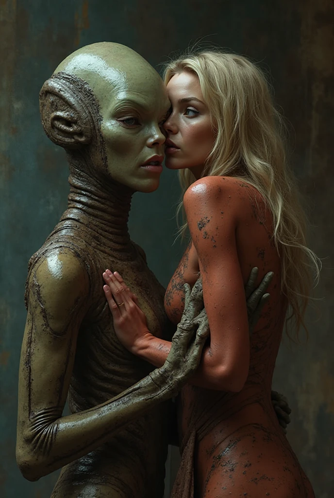 close-up, full length,absolutely  17 years europian girl kisses the alien male humanoid  from another planet , flirt,sexy, ultra high quality detailing