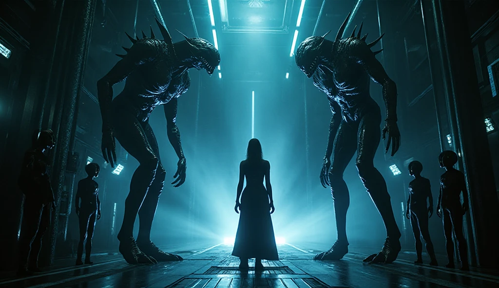 Inside a dim alien prison chamber aboard a colossal starship - SeaArt AI