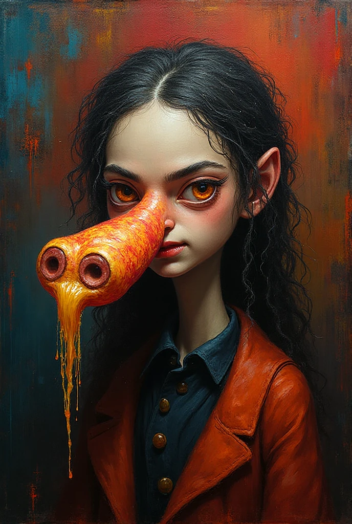  woman, very beautiful perfect face, eyes wide open in shock, mouth open and  out, crying, small , short black hair on her head, hairy , lying on her back, huge inflated stomach like a balloon, a huge tentacle  her 