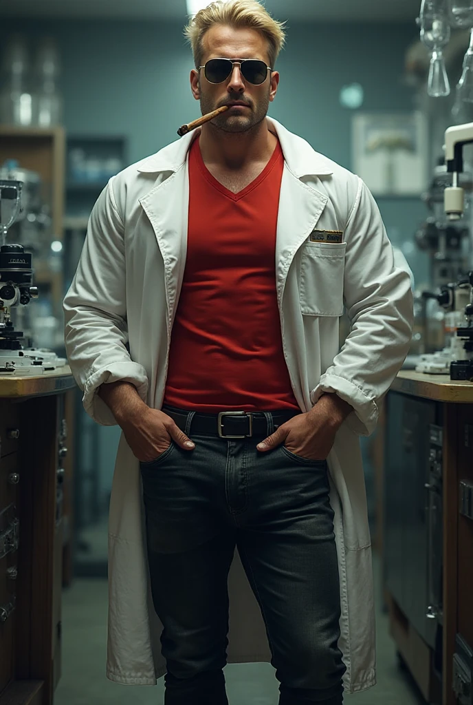 Masterpiece, denoise, void noise, one man, best quality, 8k resolution, male focus, focus only, amazing composition, volumetric lighting, super quality, elegant, Very detailed, front view, facing viewer, -----------, 35 years old, mature face, muscular, Caucasian, (((white skin, pale skin))), handsome, (detailed light-blue eyes), ((light blonde hair, messy medium hairstyle)), big ears, (hairy pectorals, thick plenty chest and body hair), (medium long beard), (((((Jim Sturgess mixed with Russell Tovey))))), (((big , perky ))), ------------, ((((detailed black male scrub trousers)))), (((black male scrub top))), (((stethoscope))), ((sitting)), (((face close-up))), (((shy)))