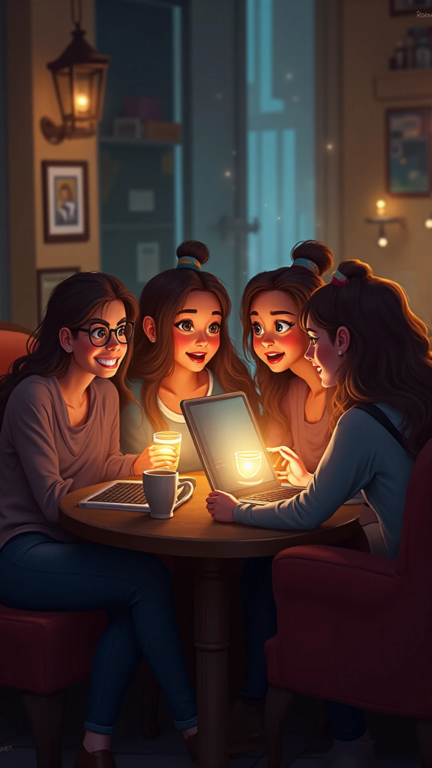 Create image of me and my friends. We are watching movies together.We are girls 

One friend is short in height and she have short hair looking blood
Iam a tall person and have long hair 
Other friend is medium in height and wear hijab 