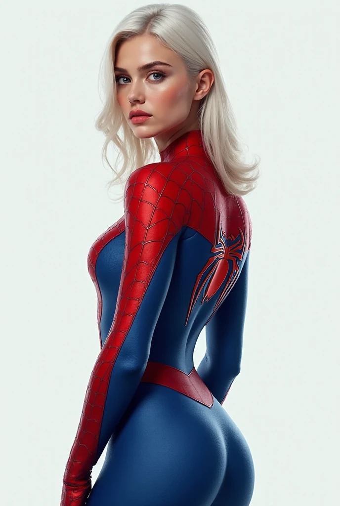 Full body photograph of scarlett, (Spiderman cosplay), highly detailed, artstation, smooth, sharp focus, 8K, (underboob), detailed face, blue eyes, blonde hair, fitness body, Defined body