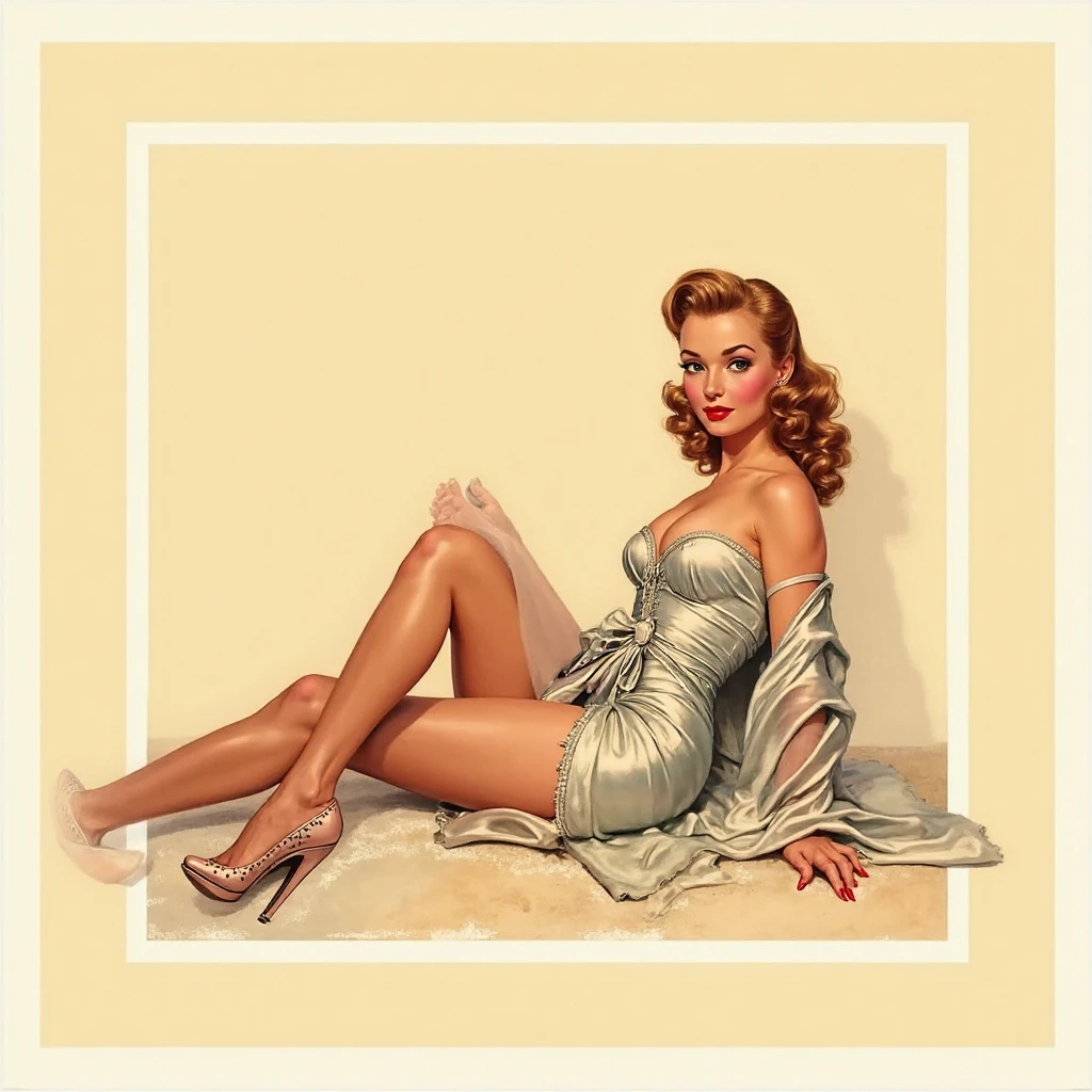 A beautiful blonde woman in a classic vintage pin-up style painting, posing confidently with a playful smile. She wears a fitted polka-dot dress with a sweetheart neckline, highlighting her hourglass figure, with red high heel shoes. Her hair is styled in soft curls, framing her face in glamorous, retro waves. The painting captures a nostalgic 1950s feel, with warm tones and soft, brushstroke textures that bring out the rich colors and delicate shading. Her red lipstick and winged eyeliner add to the bold, flirtatious vibe, giving her a timeless allure in this classic pin-up artwork  <lora:vintagepinup:1>