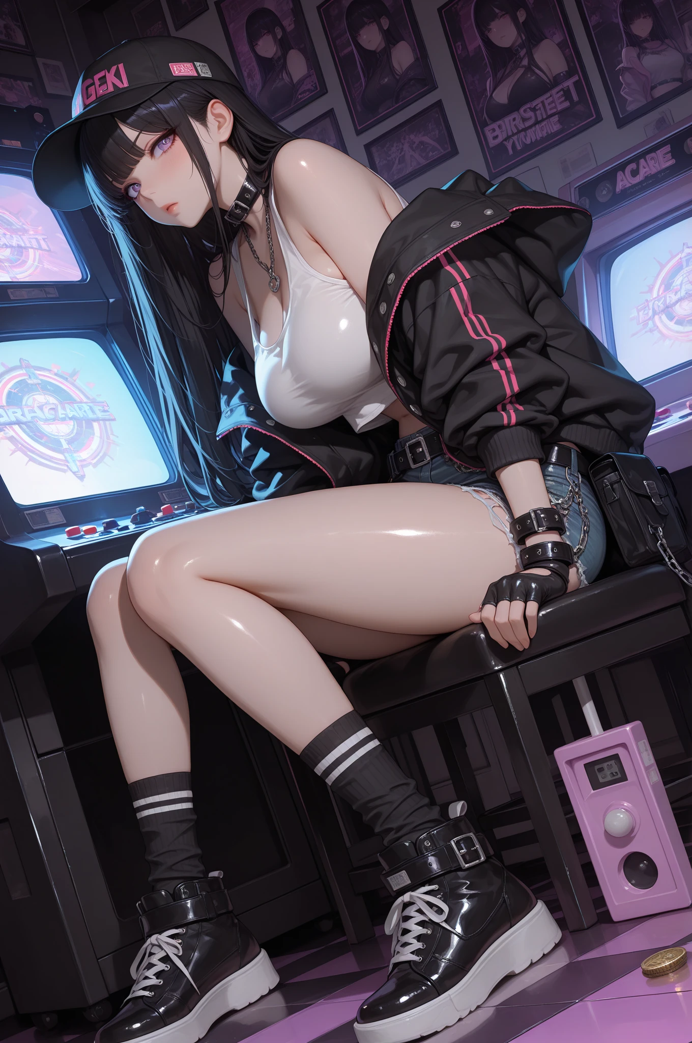 anime girl in short shorts, pantyhose and jacket, no shoes,sitting at desk, gamer girl room, neon lights, artwork in the style of guweiz, cyberpunk anime girl mech, trending on cgstation, guweiz, by Russell Dongjun Lu, digital cyberpunk anime art, ross tran 8 k, guweiz on artstation pixiv, girl in mecha cyber armor