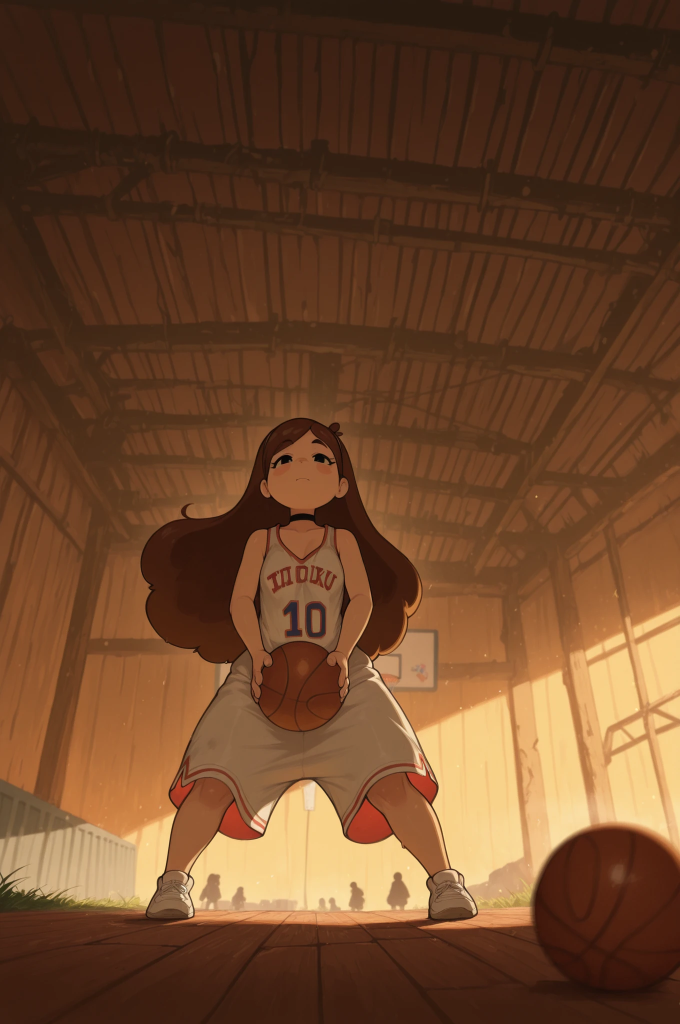 Mabel Pines, blush stickers, brown hair. black eyes. half-closed eyes, small breasts, huge hips. long eyelashes, choker. |Slam Dunk: The Future Court — abandoned basketball hall at golden hour, where nature slowly reclaims the space. In the center, a solitary player dribbles a weathered basketball, lost in the rhythm of the game. The character wears an oversized basketball uniform (loose jersey, baggy shorts) layered with a vintage windbreaker jacket in faded team colors. Their posture is dynamic — one hand on the ball, knees bent, gaze locked on the rusted hoop.Environment details: cracked parquet floor with tufts of grass pushing through the gaps, scattered puddles reflecting the dim light, walls stained with moisture and peeling paint. A hole in the roof lets in beams of sunlight, creating dramatic shafts of light and shadow. Dust motes dance in the air. In the background: broken bleachers, a faded team banner hanging askew, and a scoreboard frozen at an old score.Lighting: warm golden light streams through gaps in the damaged roof, contrasting with cool shadows in the corners. The interplay of light highlights the player’s silhouette and the textures of decay.Color palette: muted earth tones (browns, grays, olive greens) with subtle pops of the jersey’s original colors (deep blue and burnt orange). Golden light adds warmth to the scene.Style: photorealistic with a touch of cinematic grit, 8k resolution. Detailed textures: worn fabric of the uniform, splintered wood of the floor, rust on the hoop, dewy grass blades, and dust in the air.Composition: medium shot from a low angle, emphasizing the player’s determination and the scale of the decaying court. Focus on the ball and hands; shallow depth of field blurs the background slightly.PG‑13 tone: nostalgic and resilient — no violence, emphasis on passion for the game and perseverance.Atmosphere: a poetic blend of decay and enduring spirit, where the love of basketball transcends the ruins. Best quality, storytellin