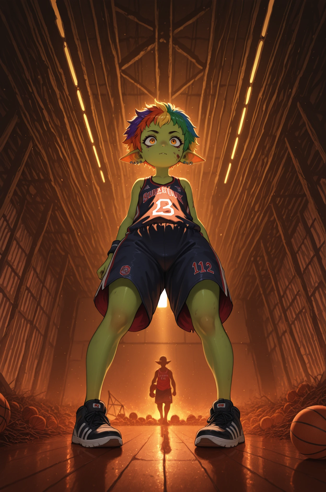 female punk, rainbow colors hair, very short hair, black eye , facial piercings, eye makeup, small breasts, meduim hips, (goblin girl:1.0) (shortstack:1.0) (green skin:1.0) (pointy ears:1.0) (wide hips:1.0)| Slam Dunk: The Future Court — abandoned basketball hall at golden hour, where nature slowly reclaims the space. In the center, a solitary player dribbles a weathered basketball, lost in the rhythm of the game. The character wears an oversized basketball uniform (loose jersey, baggy shorts) layered with a vintage windbreaker jacket in faded team colors. Their posture is dynamic — one hand on the ball, knees bent, gaze locked on the rusted hoop.Environment details: cracked parquet floor with tufts of grass pushing through the gaps, scattered puddles reflecting the dim light, walls stained with moisture and peeling paint. A hole in the roof lets in beams of sunlight, creating dramatic shafts of light and shadow. Dust motes dance in the air. In the background: broken bleachers, a faded team banner hanging askew, and a scoreboard frozen at an old score.Lighting: warm golden light streams through gaps in the damaged roof, contrasting with cool shadows in the corners. The interplay of light highlights the player’s silhouette and the textures of decay.Color palette: muted earth tones (browns, grays, olive greens) with subtle pops of the jersey’s original colors (deep blue and burnt orange). Golden light adds warmth to the scene.Style: photorealistic with a touch of cinematic grit, 8k resolution. Detailed textures: worn fabric of the uniform, splintered wood of the floor, rust on the hoop, dewy grass blades, and dust in the air.Composition: medium shot from a low angle, emphasizing the player’s determination and the scale of the decaying court. Focus on the ball and hands; shallow depth of field blurs the background slightly.PG‑13 tone: nostalgic and resilient — no violence, emphasis on passion for the game and perseverance.Atmosphere: a poetic blend of decay and endurin