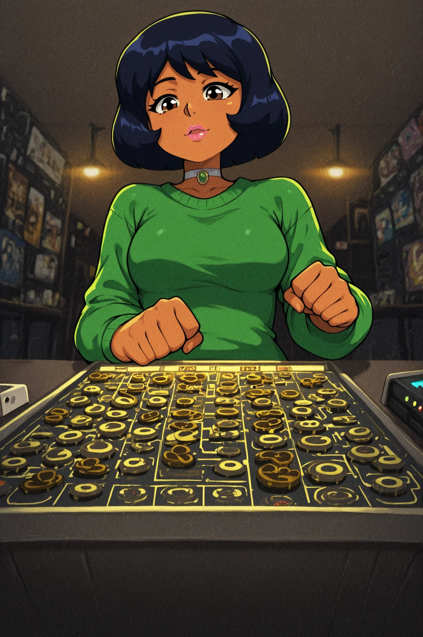  totally_spies_2k24 alex, black hair, short hair, brown eyes, dark-skinned female, pink lips, medium breasts, choker. |  Environment: neon‑lit arcade space with rows of glowing cabinets in the blurred background. The immediate scene is a hybrid reality — the character exists both in the real world and within the pixelated game dimension. The block and mushroom are rendered in crisp 8‑bit style, while the character and immediate surroundings remain photorealistic. Scattered arcade paraphernalia: tokens, vintage joysticks, and faded posters.Lighting: bright, colorful neon glows (cyan, magenta, lime) interplay with warm overhead lamps, creating a dreamlike contrast between real and virtual. Pixelated elements emit a soft glow.Color palette: nostalgic 8‑bit colors (bright reds, greens, blues) blended with earthy real‑world tones (terracotta, olive, beige). The tattoos add subtle natural hues.Style: hyper‑detailed photorealism merging with deliberate pixel art. 8k resolution. Textures: wool fibers in the sweater, scratched plastic of the arcade cabinet, smooth pixel edges.Composition: medium shot from a low angle, emphasizing the character’s powerful motion and the surreal collision of worlds. Focus on the point of contact between fist and block. Shallow depth of field keeps the background softly blurred.PG‑13 tone: playful and adventurous, no violence or distress — emphasis on wonder and nostalgia.Atmosphere: magical fusion of retro gaming and contemporary reality, celebrating the enduring charm of arcade legends. Best quality, cinematic framing, storytelling through visual contrast and dynamic action.