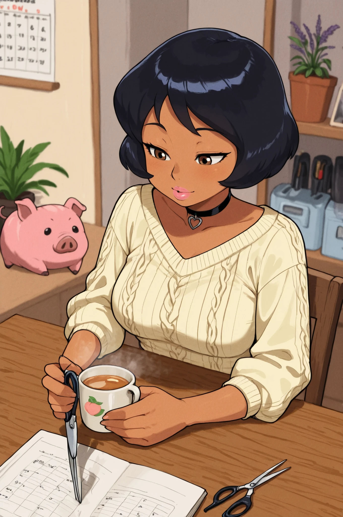  totally_spies_2k24 alex, black hair, short hair, brown eyes, dark-skinned female, pink lips, medium breasts, choker. | The pig is the star of the scene: vibrant pink skin, long flowing mane styled in soft waves, and a delicate heart tattoo near its ear. It sits calmly, eyes half‑closed in relaxation, front paws resting on the table’s edge. Around the workspace: grooming tools (brushes, sprays, clippers), colorful ribbons, and swatches of fabric for potential accessories. Pastel‑colored walls, large windows letting in warm daylight, and potted plants add to the airy atmosphere.On a nearby shelf — inspiration boards with sketches of whimsical pet hairstyles and costume ideas. A mirror reflects the stylist’s concentrated expression and the pig’s serene profile. Subtle details: a cup of herbal tea on a side table, a calendar marked with appointment times, and a “Best in Show” trophy in the corner.Color palette: soft pastels (mint, lavender, peach) accented by the pig’s vibrant pink and natural wood tones of the furniture. Warm, diffused lighting creates a welcoming, creative environment.Style: photorealistic with a touch of playful charm, 8k resolution. Detailed textures: wool fibers in the sweater, pig’s smooth skin, wooden table grain, and metallic sheen of the scissors.Composition: medium shot from a slightly elevated angle, focusing on the interaction between stylist and pig. Shallow depth of field highlights the scissors and the pig’s mane.PG‑13 tone: lighthearted and imaginative, emphasizing creativity, care, and the joy of artistic expression. No distress or discomfort shown.Atmosphere: a haven of pet fashion and individuality, where every client gets a bespoke, lovingly crafted look. Best quality, storytelling through vibrant details and heartwarming interaction.