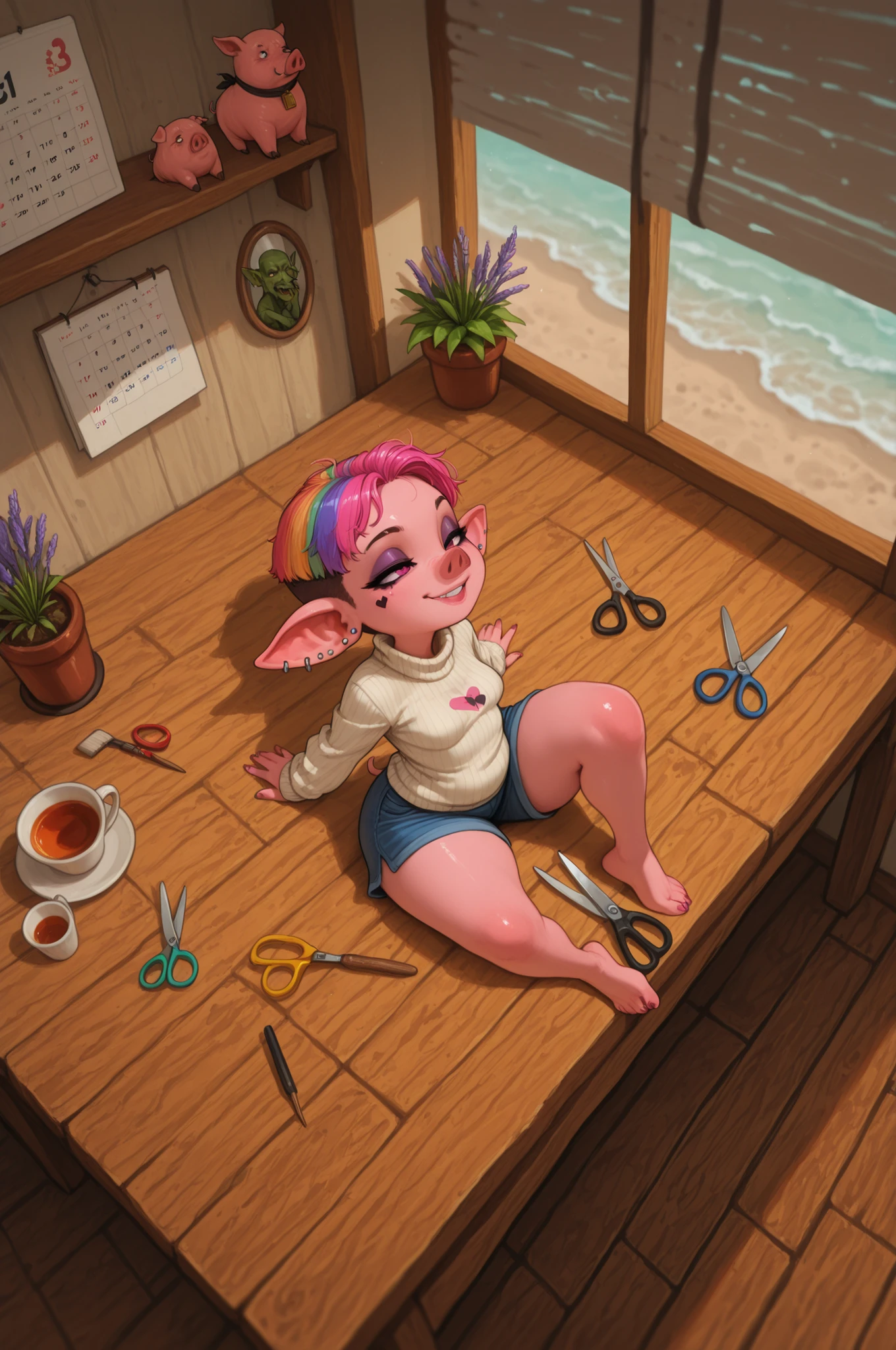 female punk, rainbow colors hair, very short hair, black eye , facial piercings, eye makeup, small breasts, meduim hips, (goblin girl:1.0) (shortstack:1.0) (green skin:1.0) (pointy ears:1.0) (wide hips:1.0)| The pig is the star of the scene: vibrant pink skin, long flowing mane styled in soft waves, and a delicate heart tattoo near its ear. It sits calmly, eyes half‑closed in relaxation, front paws resting on the table’s edge. Around the workspace: grooming tools (brushes, sprays, clippers), colorful ribbons, and swatches of fabric for potential accessories. Pastel‑colored walls, large windows letting in warm daylight, and potted plants add to the airy atmosphere.On a nearby shelf — inspiration boards with sketches of whimsical pet hairstyles and costume ideas. A mirror reflects the stylist’s concentrated expression and the pig’s serene profile. Subtle details: a cup of herbal tea on a side table, a calendar marked with appointment times, and a “Best in Show” trophy in the corner.Color palette: soft pastels (mint, lavender, peach) accented by the pig’s vibrant pink and natural wood tones of the furniture. Warm, diffused lighting creates a welcoming, creative environment.Style: photorealistic with a touch of playful charm, 8k resolution. Detailed textures: wool fibers in the sweater, pig’s smooth skin, wooden table grain, and metallic sheen of the scissors.Composition: medium shot from a slightly elevated angle, focusing on the interaction between stylist and pig. Shallow depth of field highlights the scissors and the pig’s mane.PG‑13 tone: lighthearted and imaginative, emphasizing creativity, care, and the joy of artistic expression. No distress or discomfort shown.Atmosphere: a haven of pet fashion and individuality, where every client gets a bespoke, lovingly crafted look. Best quality, storytelling through vibrant details and heartwarming interaction.