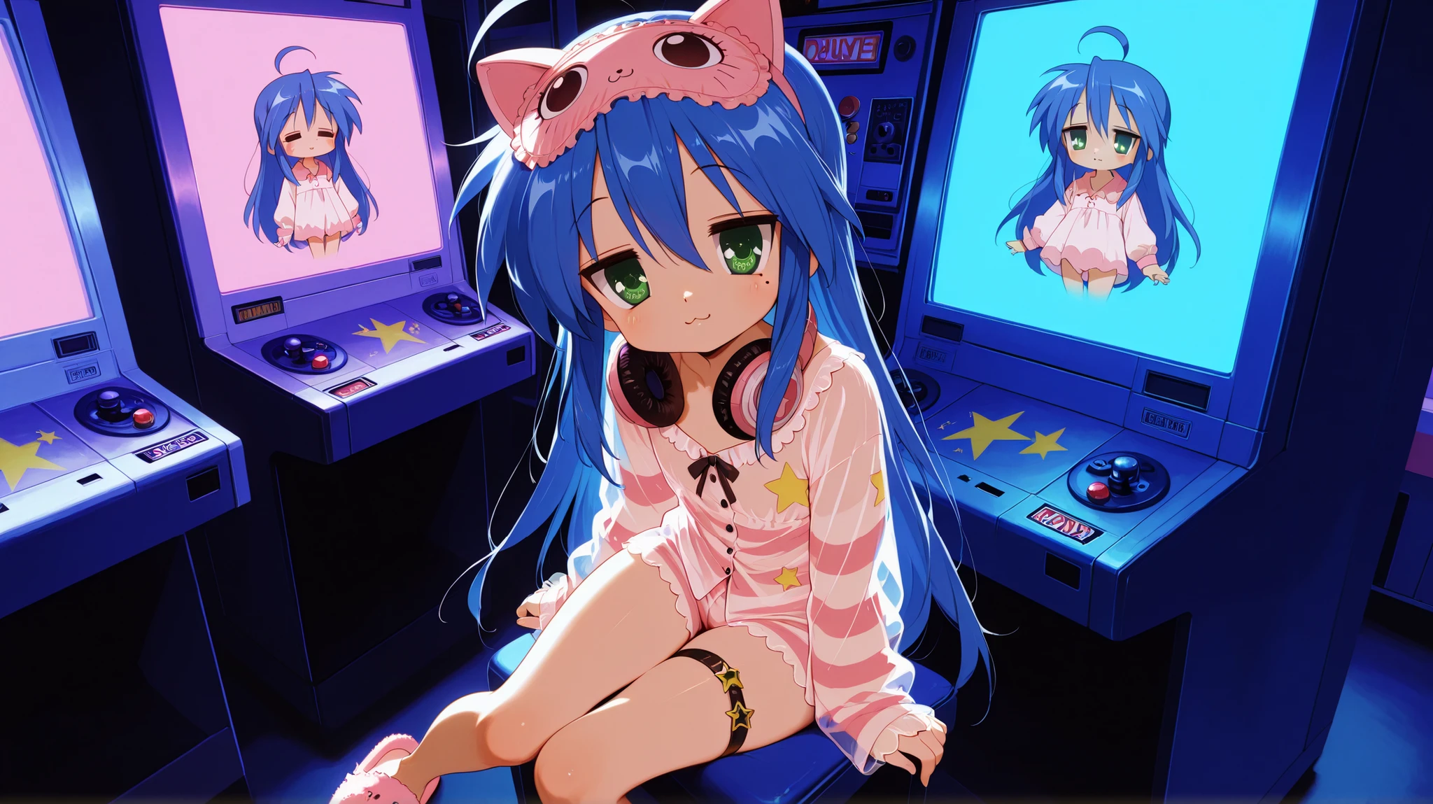 izumi konata \(lucky star\) a young female gamer sit on an arcade chair, Sit and play on an arcade machine, headphones around neck. wearing a dark blue and pink striped. and black-framed glasses. matching sleep mask on head fluffy slippers with tiny star charms, the girl, has a slim figure and is considerably small, has long blue hair BREAK detailed background, (retro arcade interior), the LED on the back side of the button shines brightly。anime style, warmth, CRT arcade machines with flickering screens, girl looking happily at the game screen, 1girl, unrivaled beauty, solo, fullbody, petite build, small chest, cute girl, kawaii girl, leaning slightly forward, see-through pajamas, fake animal ears, fake tail, green eyes, mole under eye, ,intricate, vivid eyes, hair between eyes, straight hair, fingerless gloves, thigh strap, star (symbol), flame star print, :3, slim hips, slim figure, intense expression,dynamic motion, dramatic angle, Dynamic Poses,perfect hands, perfect face, natural light, art style, pretty art, pretty eyes,Very detailed, masterpiece,((4k,8k,Ultra HD)),((Masterpiece :1.2)),((Best quality :1.2)),((Detailed :1.5)),((Detailed background :1.5)), retro artstyle, 2000s (style),