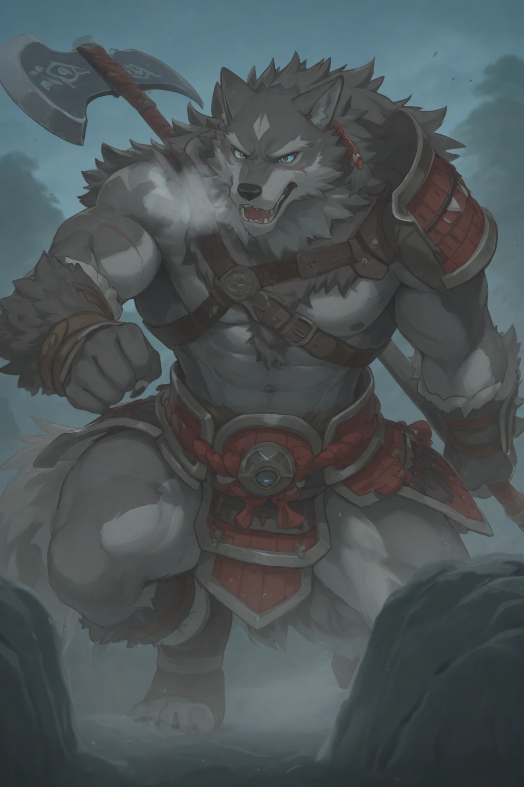 elder，gentle and soft，icey magic power，long white beard，long braided hair，solo, kemono, (old grey wolf), anthro (old wolf), anthro, male, anthro male (old wolf), anthro (old wolf), tail,muscles, handsome, general, loose cloth ,bulge, big abs, northern area,wind and snowstorm,perfect lighting, (light particles),(best quality),(masterpiece),(ultra detailed),sharp focus, light particles, strong, serious,rippled muscles, ultradetailed face, ultradetailed eyes, looking at viewer, good looking, , ((detailed face)),a lot of scars,the elder，elder face
