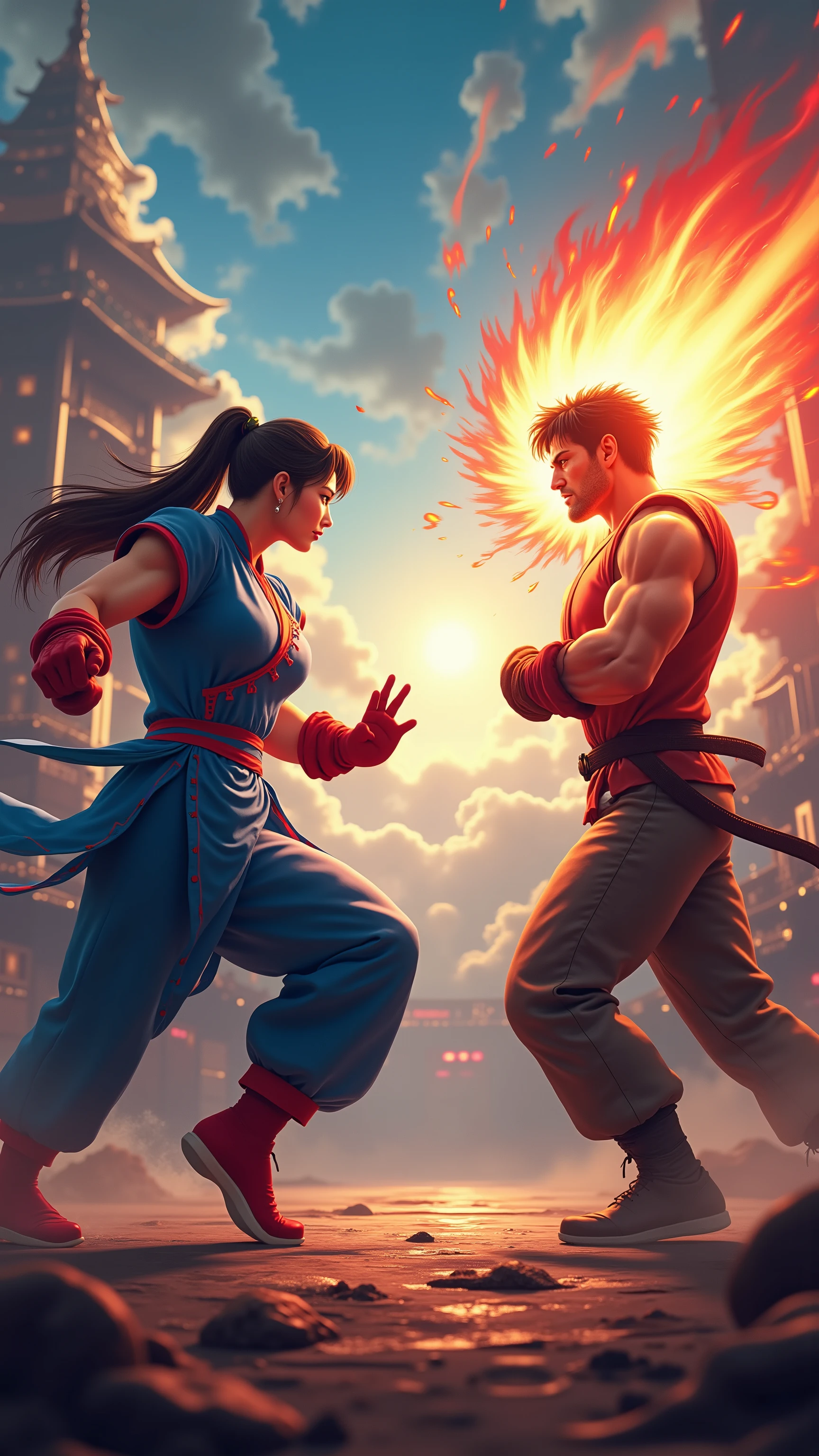 highdefinition picture、Street Fighter on old arcade game consoles、Screen-filled battle scenes、Chun-li doesn't take damage even after receiving Guy's Sonic Boom、