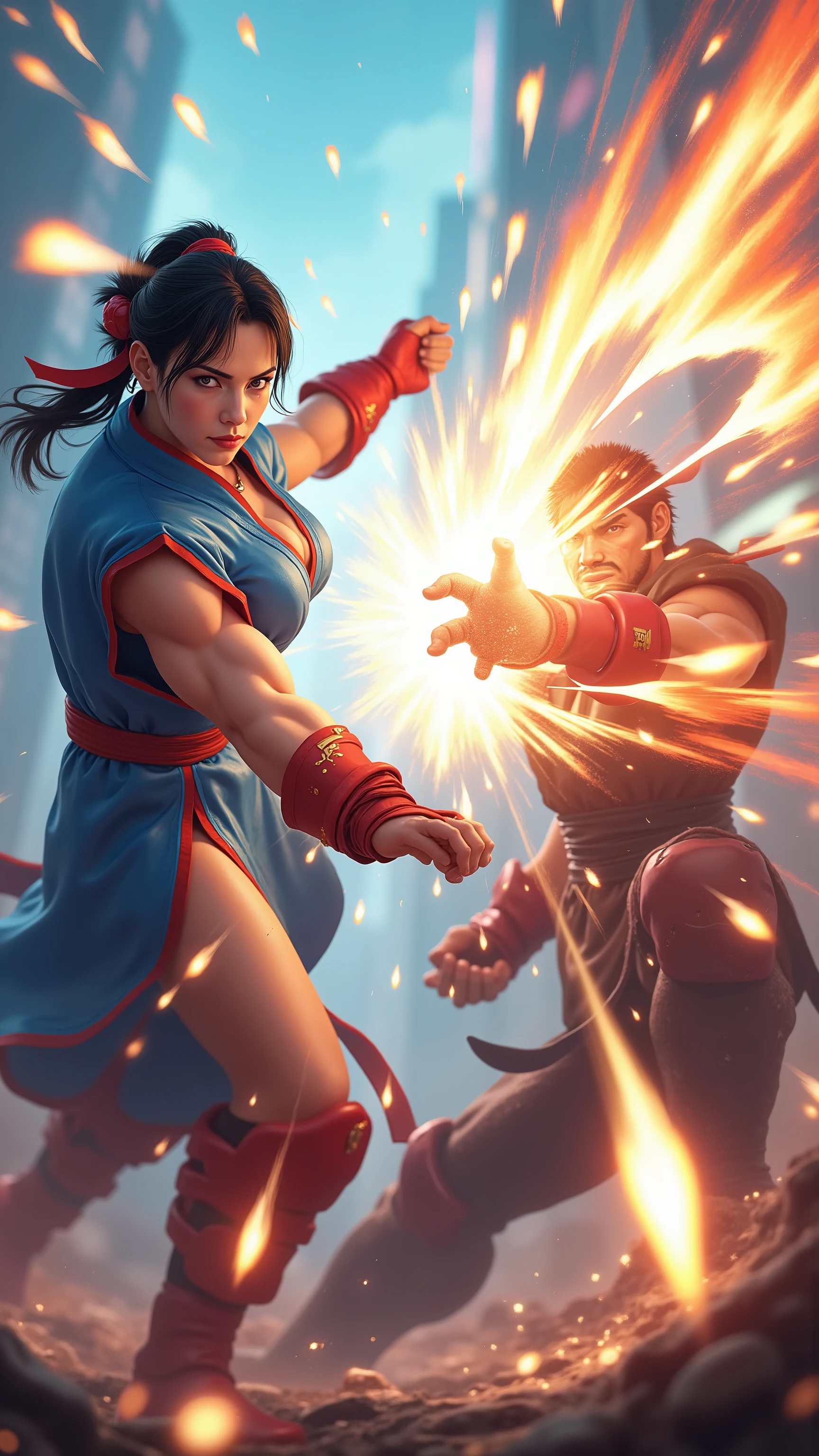 highdefinition picture、Street Fighter on old arcade game consoles、Screen-filled battle scenes、Chun-li doesn't take damage even after receiving Guy's Sonic Boom、