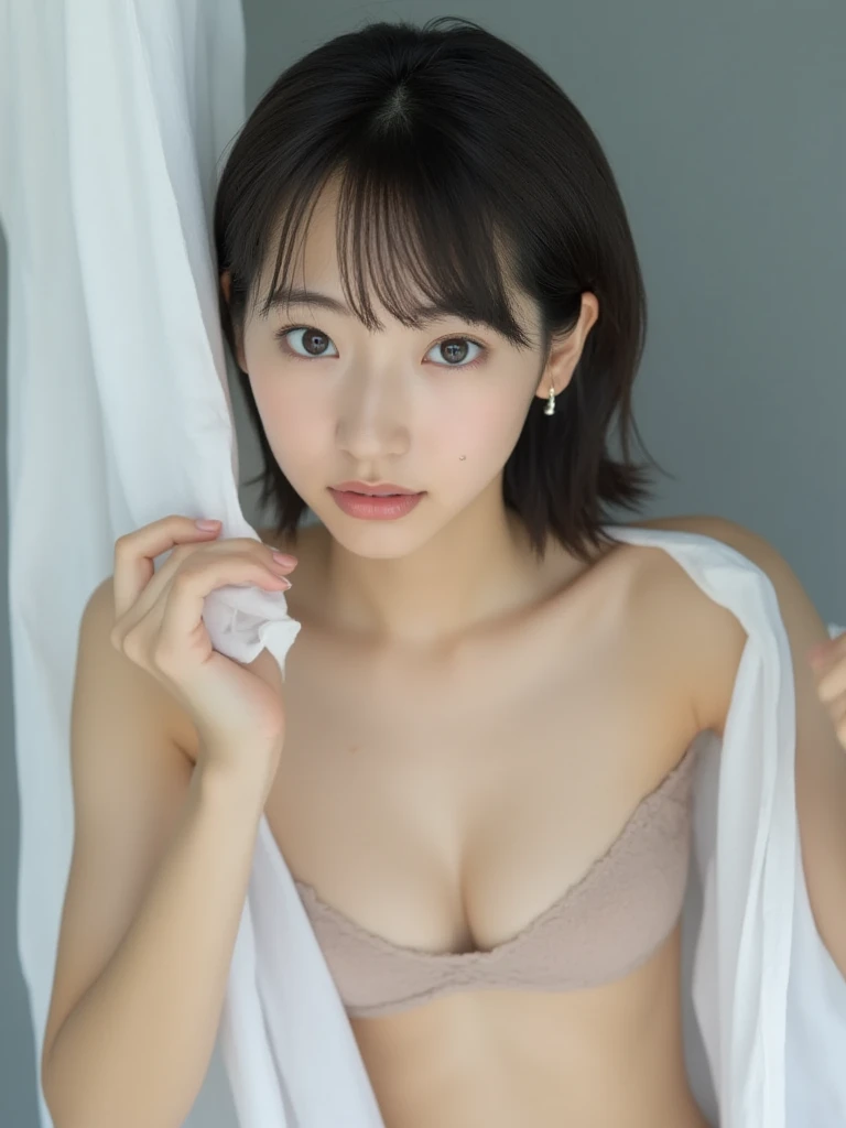 She is in a pose wearing a  camisole, making a firm big heart shape with both hands, and holding it in front of her , Cute smile up、Monotone background

