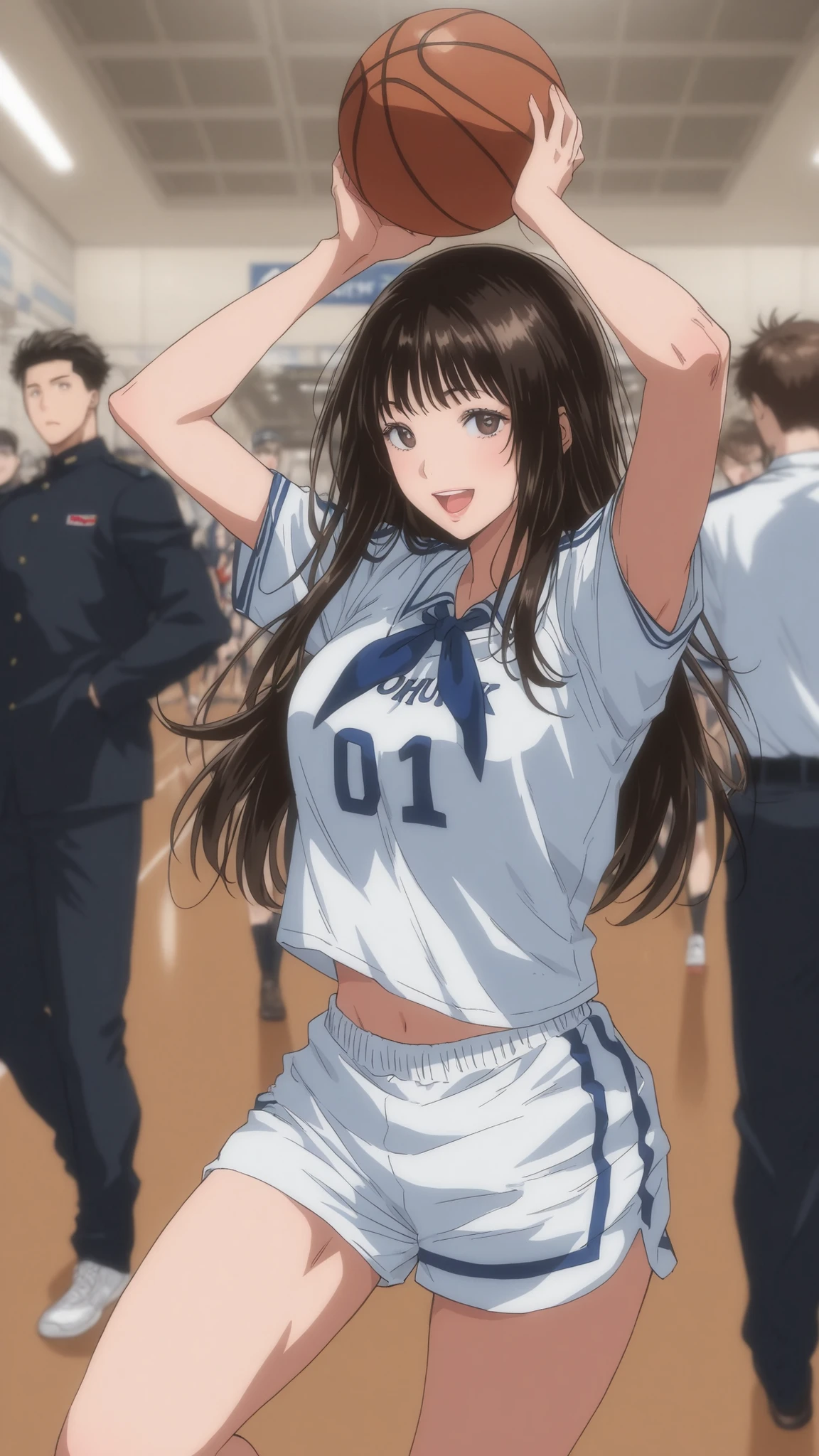 highdefinition picture、slam dunk、Enoden's「Kamakura Kokomae Station」 Iconic Places 、uniform members are playing basketball、The sea looks beautiful