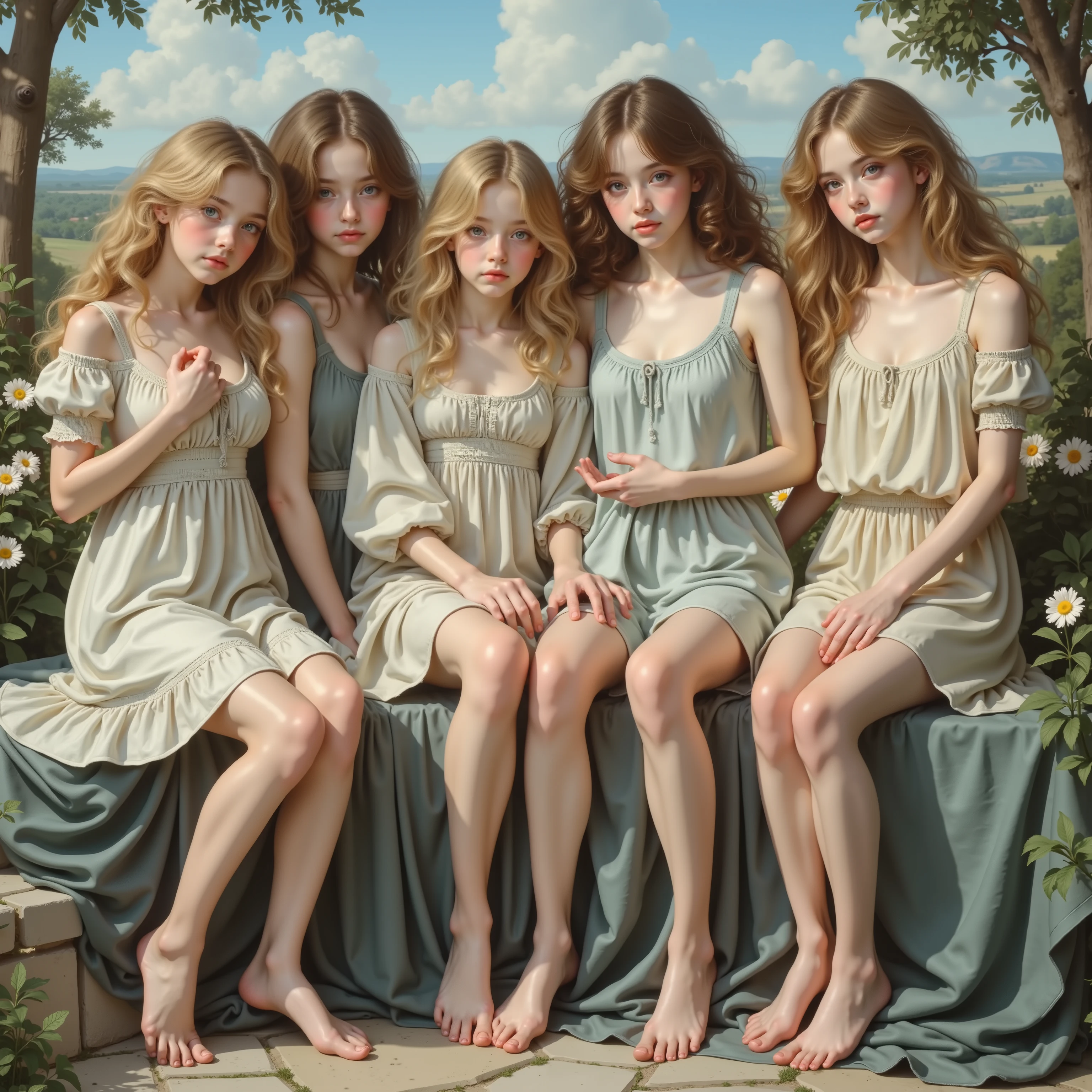 William Adolphe Bouguereau style, Barefoot Girly Teenagers with curly golden hair smiling gently, Clear white skin and big blue eyes, Panoramic, Leggy full body, slightly downward-looking angle, Holding self chests,