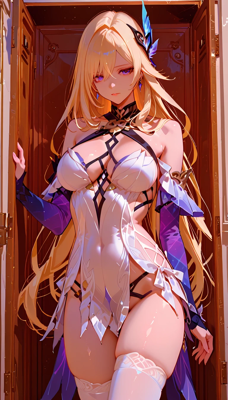 (Adult women:1.5)、Very detailed、highest quality、Best image quality、masterpiece、8k、Anime Face、A kind smile、(Open your mouth:1.3)、Sparkling blue eyes、(Blonde Hair:1.5)、Muscles of the whole body、(High leg:1.5)、Thigh belt、(Wearing lingerie:1.5)、(Cowboy Shot:1.5)、(SFW Giant)、(Put your hands on your hips)、(Thick body:1.2)