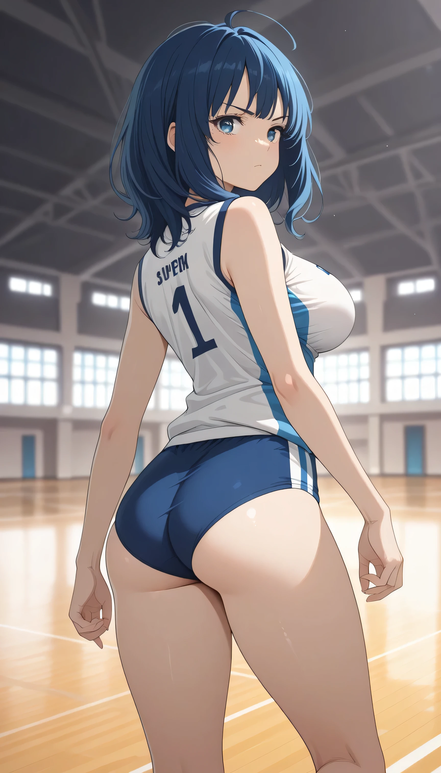 1girl, standing, long legs, from behind, looking back, 
BREAK girl, yanamianna, 22yo, medium hair, ahoge, ear, blue hair, detailed cute blue eyes, curled eyelashes, (large breasts:0.8), 
beautiful eyes, beautiful face, 
volleyball uniform, blue buruma, (taut clothes:1.2), round ass, small ass, thighs,
serious, nerves, 
gymnasium, blurry background, 
masterpiece, best quality, amazing quality, very aesthetic, absurdres, newest, highres, hyper-detailed, super detailed, extremely detailed, sharp focus, nsfw, explicit