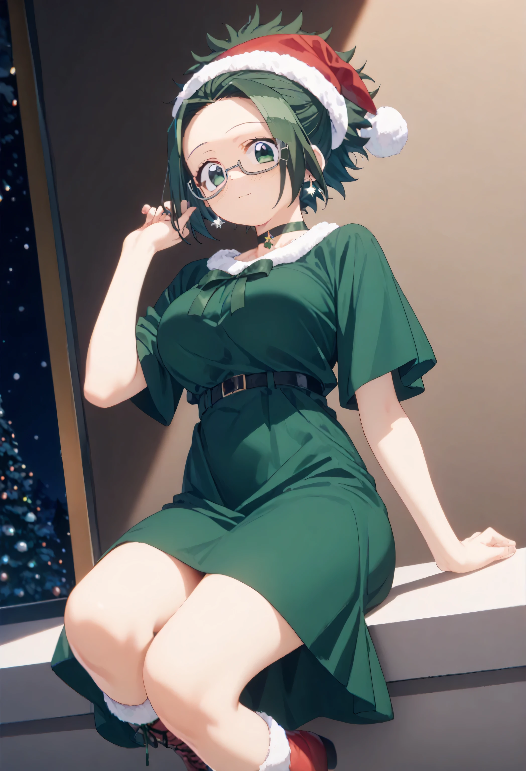 Christmas, 1girl, solo, green santa dress, santa hat,dress, looking at viewer, jewelry, green ribbon, bangs, earrings, boots, himiko agari, green eyes, ponytail, green hair, short hair, glasses, choker, large breasts,