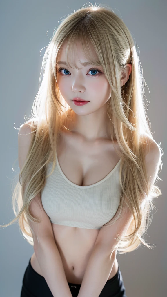 Super long blonde straight silk hair dazzling in gold、long hair between the eyes、The most beautiful girl in the world at 15 years old、Shining, Beautiful pale light blue eyes、Big double eyelid eyes、with round face、eye liner、Snow-white skin、shiny skin with shiny cheeks、Large breasts、a little bit smile、full body Esbian、Engaging pose